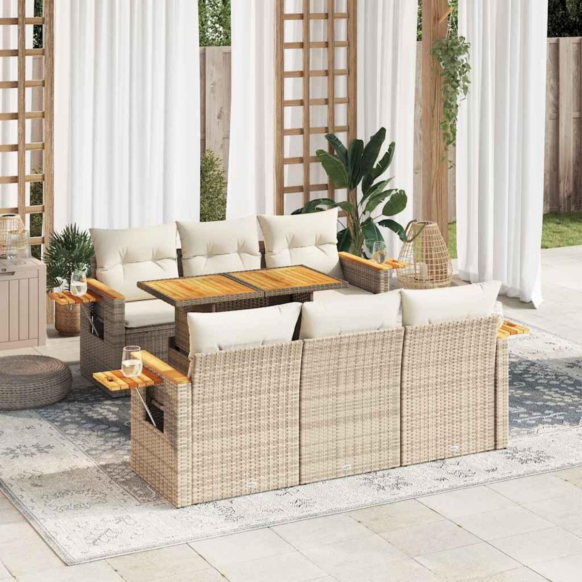 VIDAXL Salon de jardin avec coussins 7 pcs beige resine tressee acacia