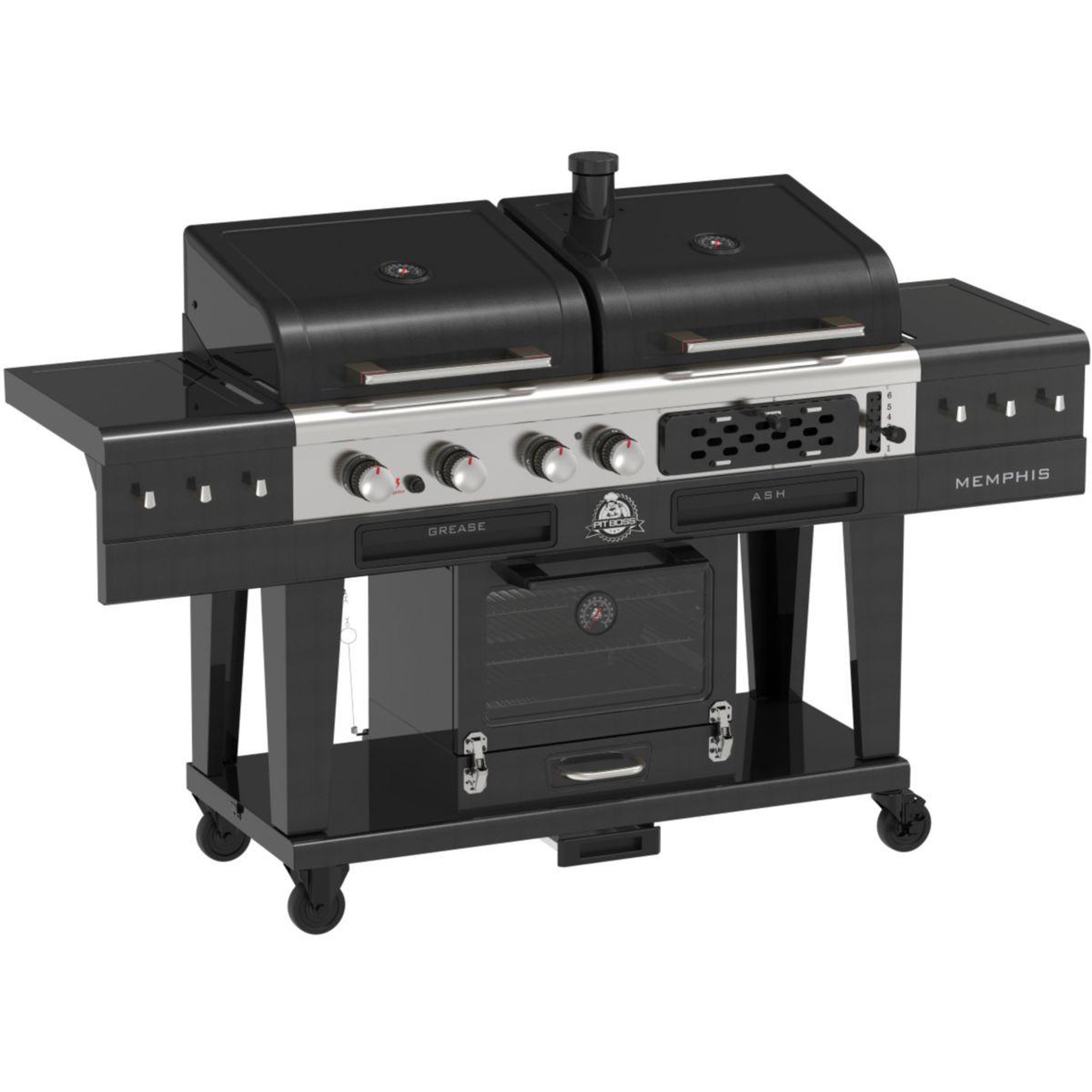 PITBOSS Barbecue gaz memphis 2.0, sur chariot , une zone de cuisson gaz, une charbon et un fumoir électrique 3 étages.