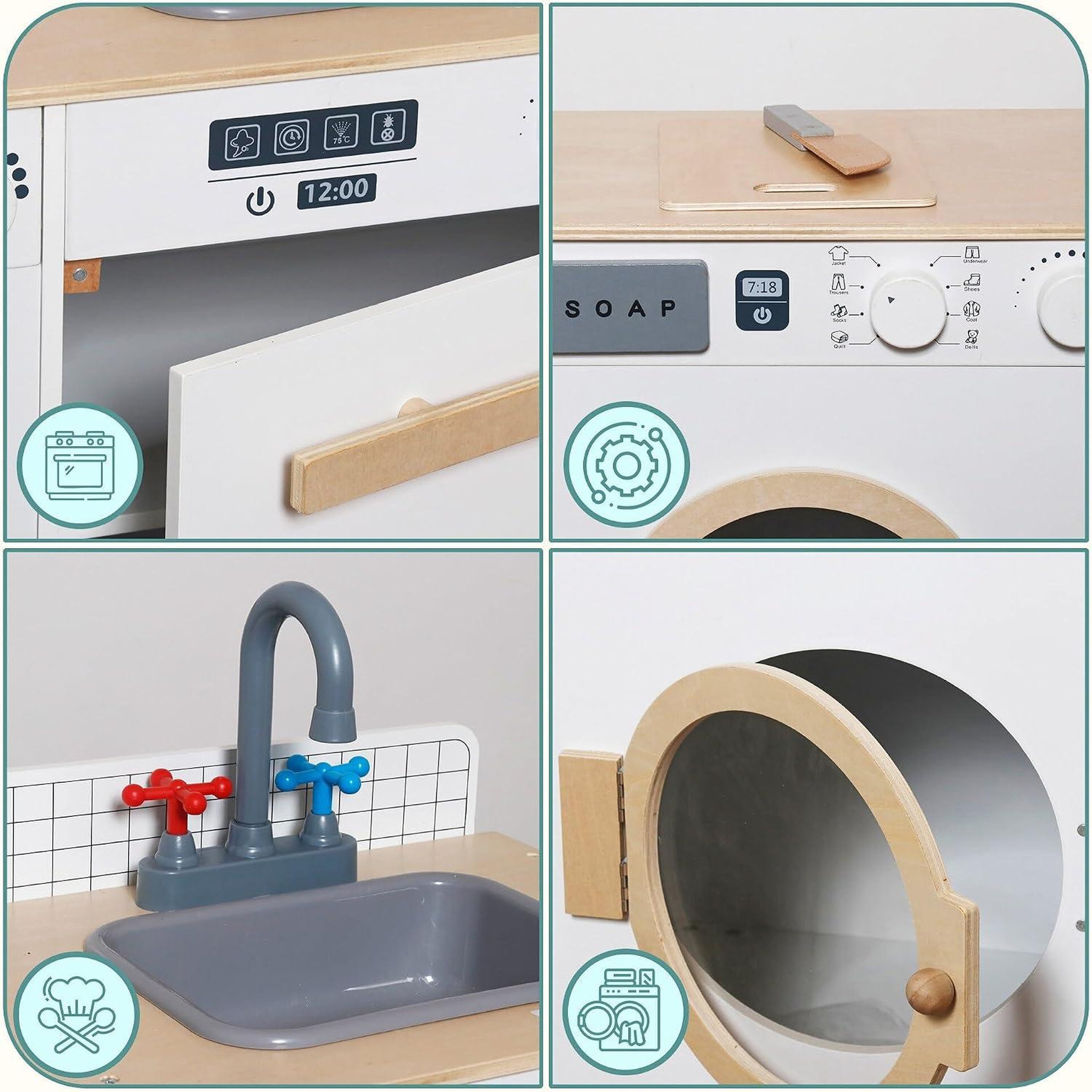 Voir la diapositive 4 : MAMABRUM Cuisine enfant & buanderie en bois - avec lave-linge, évier et accessoires 73,5*29*67 cm