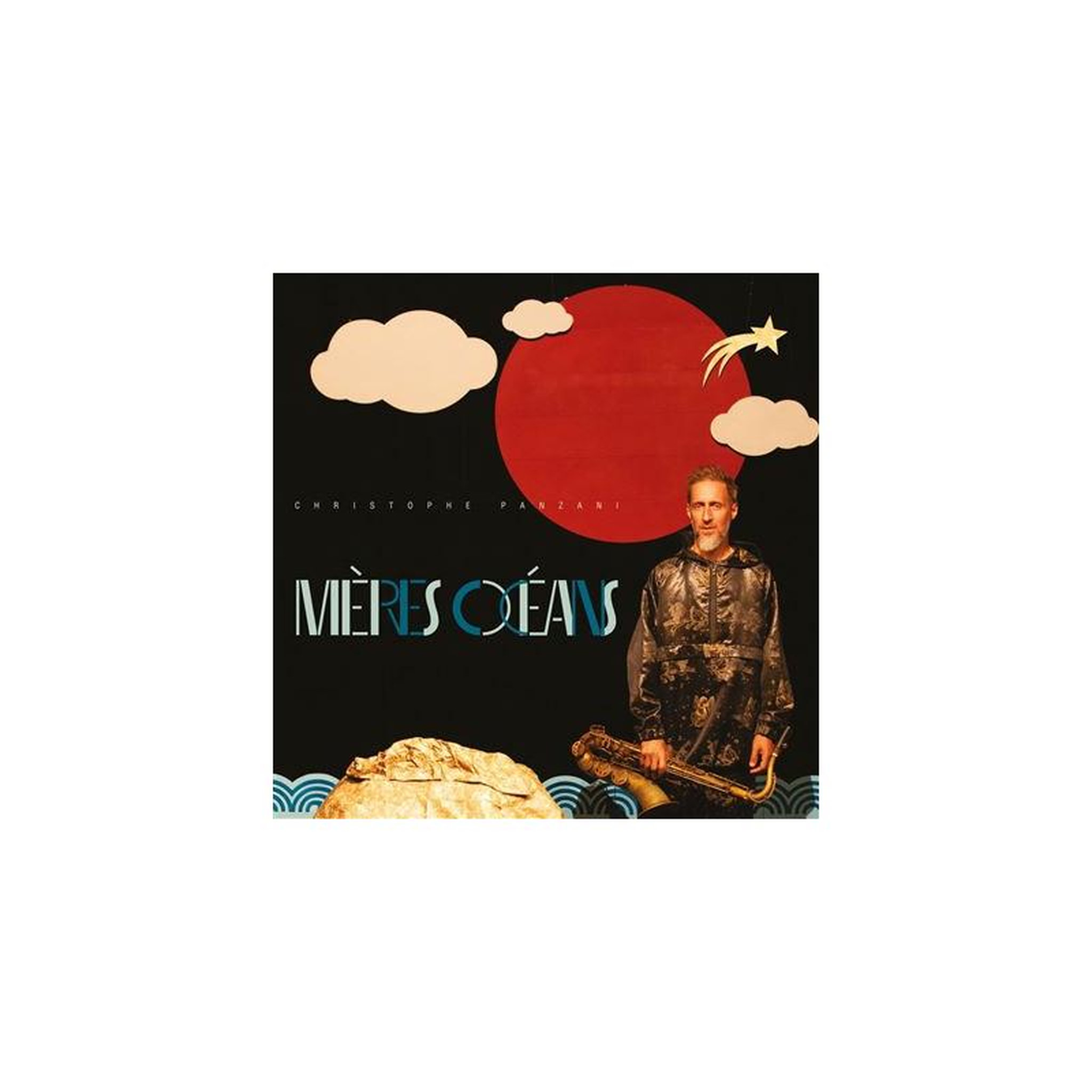 Artwork pochette vinyle « mères océans » figure debout, cercle rouge, étoiles, nuages et motif vagues, couleurs noir rouge beige sans marque