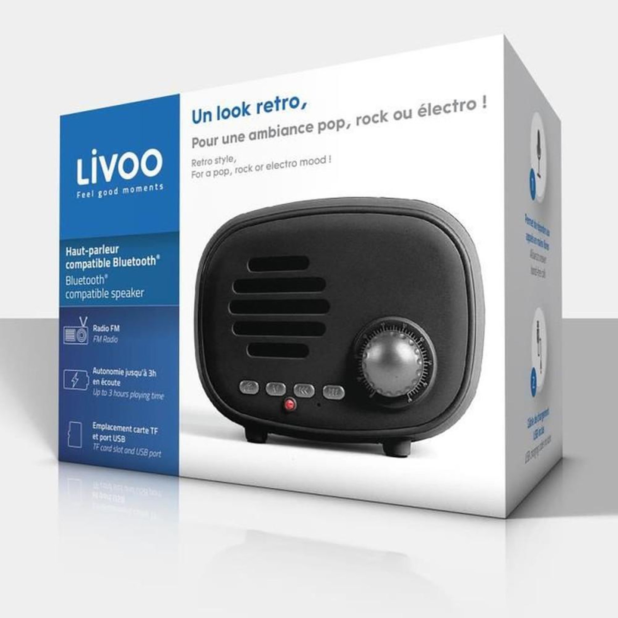 Voir la diapositive 3 : LIVOO Haut parleur Bluetooth portable radio FM 3W TES202N noir, batterie 500 mAh, micro mains libres, slot TF et USB