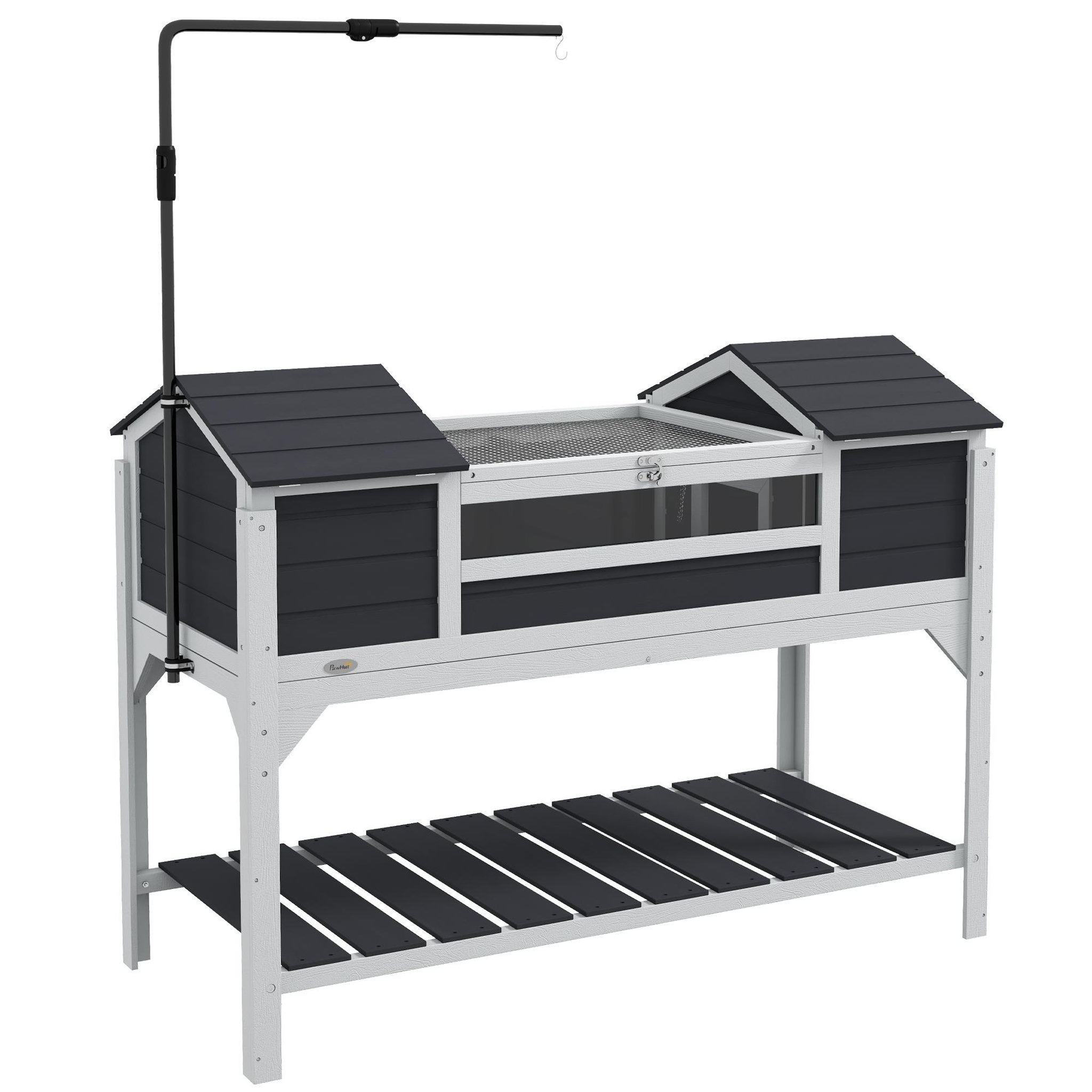 PAWHUT Terrarium maison tortue terrestre - enclos tortue 2 niches, support lampe réglable, toit ouvrable, étagère - bois blanc gris