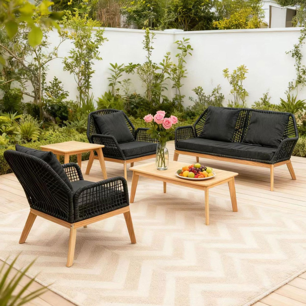 CONCEPT USINE Salon de jardin 4 places en bois avec 2 tables gris anthracite et bois ROSARIO