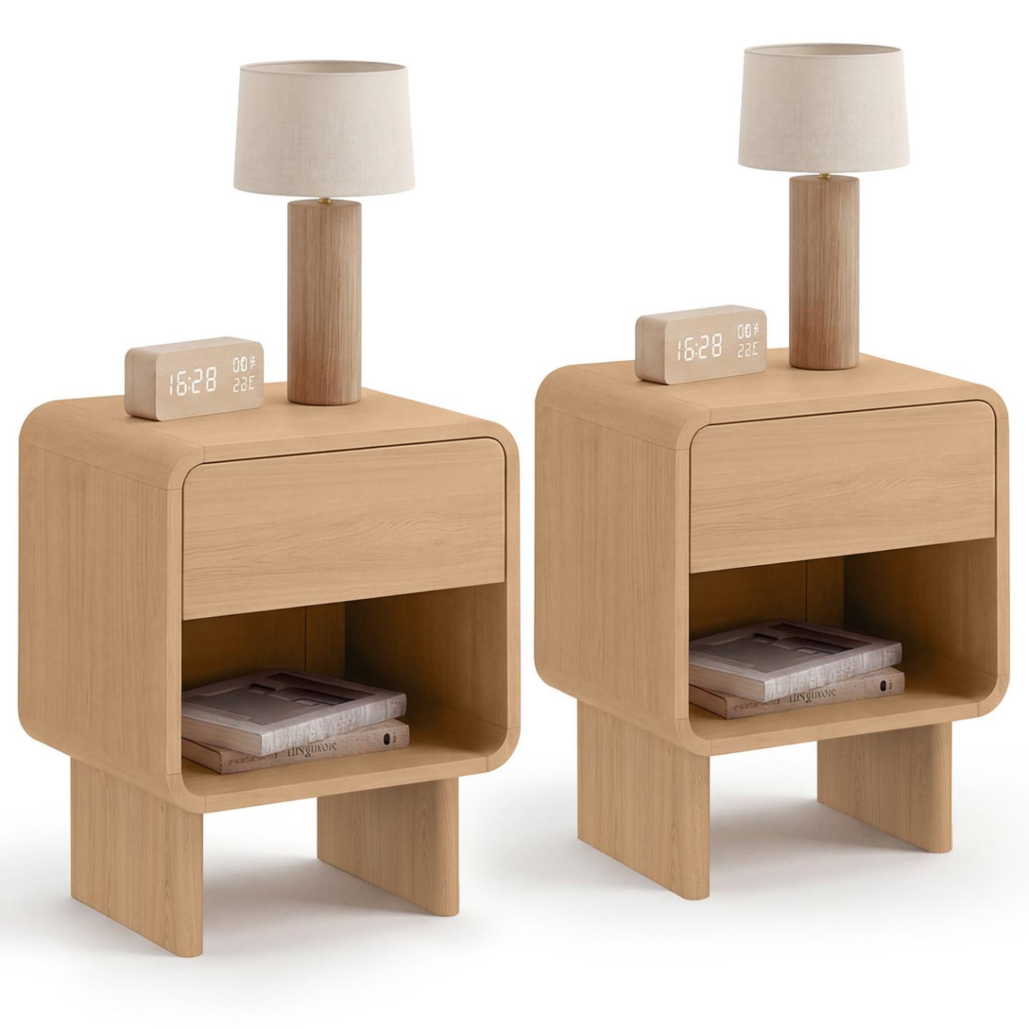 ID MARKET Lot de 2 tables de chevet capucine 1 tiroir et 1 niche façon hêtre design arrondi
