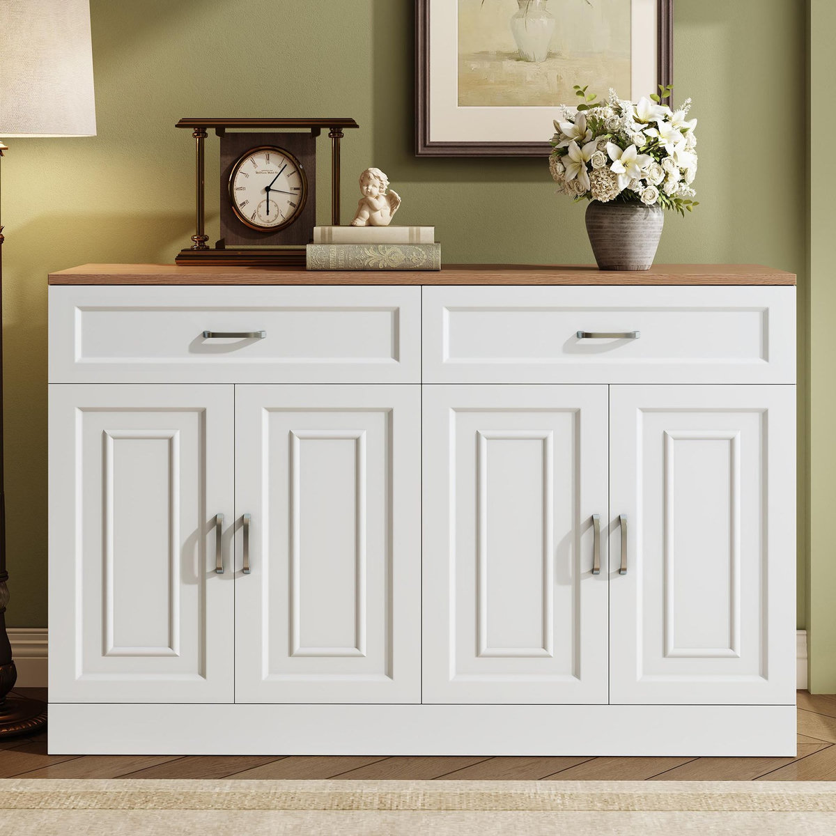 MERAX Buffet 4 porte(s) 2 tiroir(s) - 120 cm blanc+naturel panneau de particules