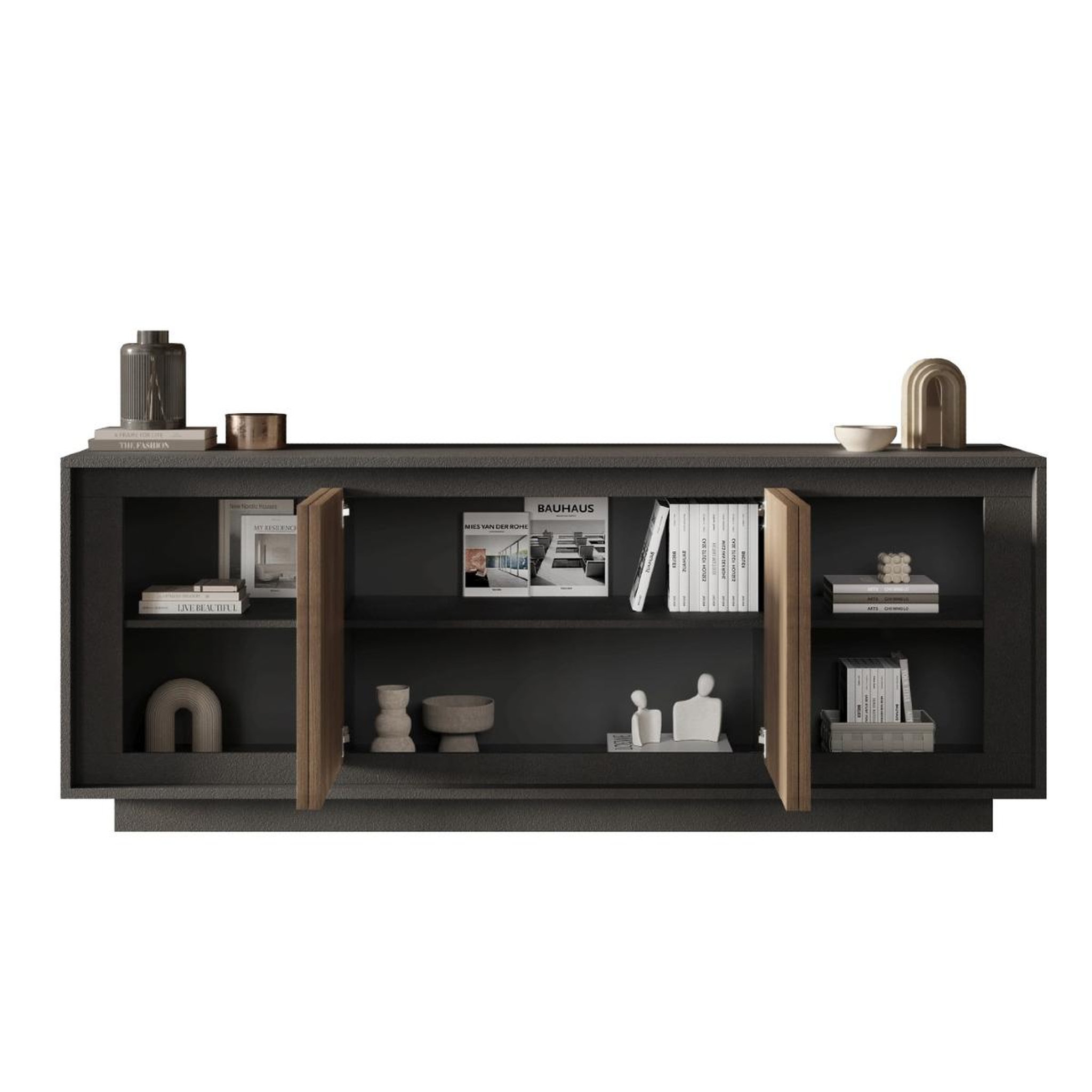 Voir la diapositive 3 : JLC KREATION Buffet bas contemporain 4 portes gris lave et noyer YORI