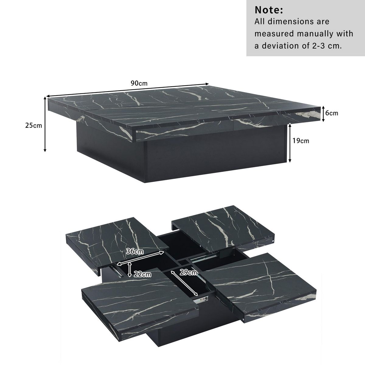 MERAX Table Basse Avec 4 Compartiments En Carré 90 X 90 X 25 Cm Noir