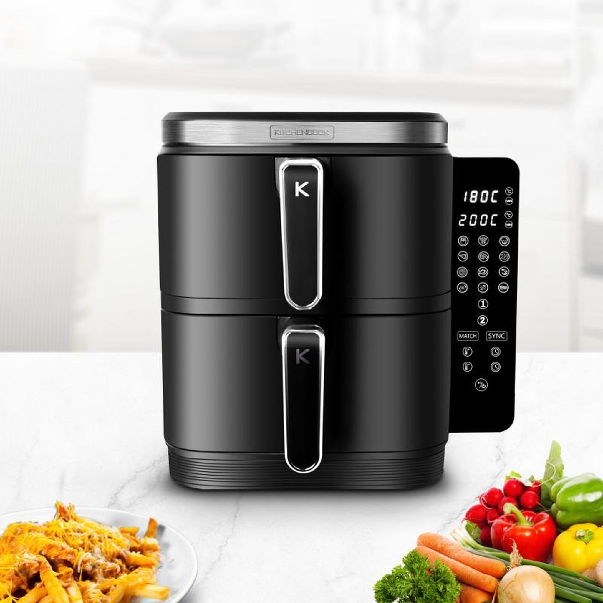 Voir la diapositive 3 : KITCHENCOOK Kitchencook - double friteuse à air verticale 12l - 2800w - 12 programmes - thermostat réglable - panier à friture amovible