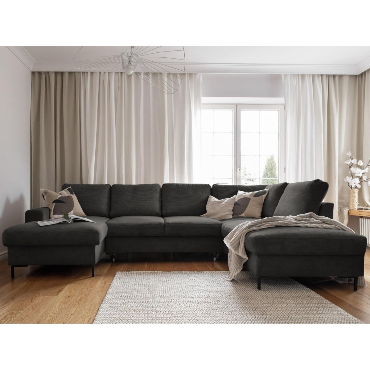 BEST MOBILIER Lilly - canapé panoramique d'angle droit - 7 places - convertible avec coffre - en velours côtelé