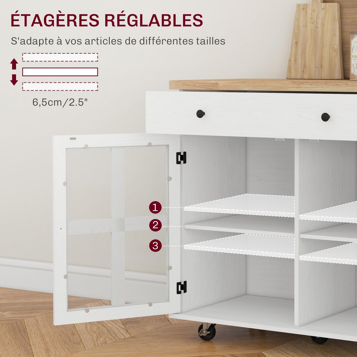 HOMCOM Desserte de cuisine multi-rangement - 2 portes, 2 étagères, tiroir, porte-épices, porte-torchon - blanc bois hévéa