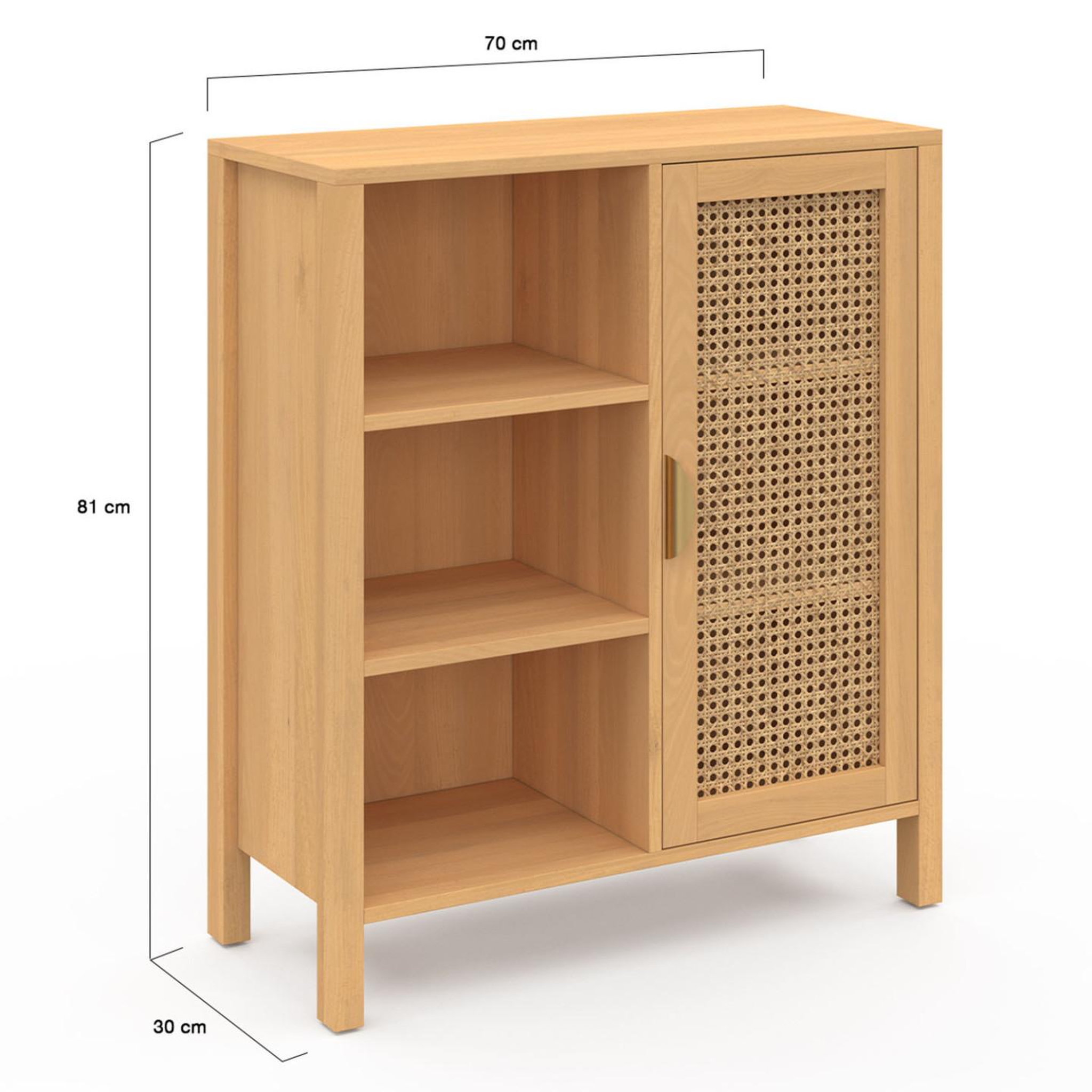 Voir la diapositive 5 : ID MARKET Buffet d'appoint 3 étagères et placard 70 cm edhen bois et cannage