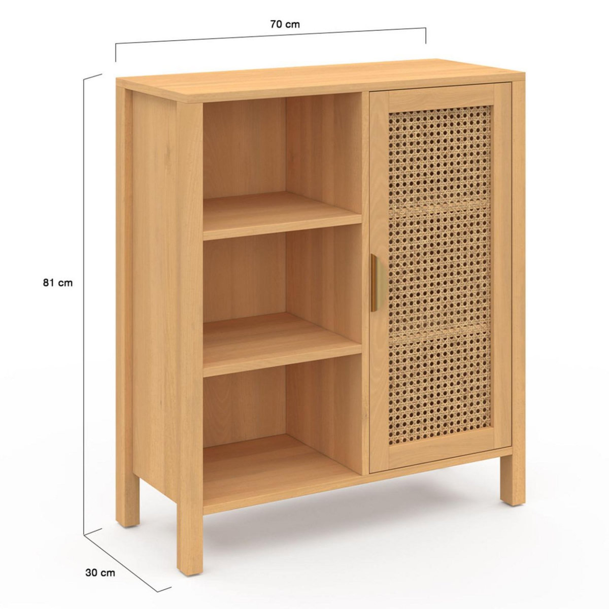ID MARKET Buffet d'appoint 3 étagères et placard 70 cm EDHEN bois et cannage