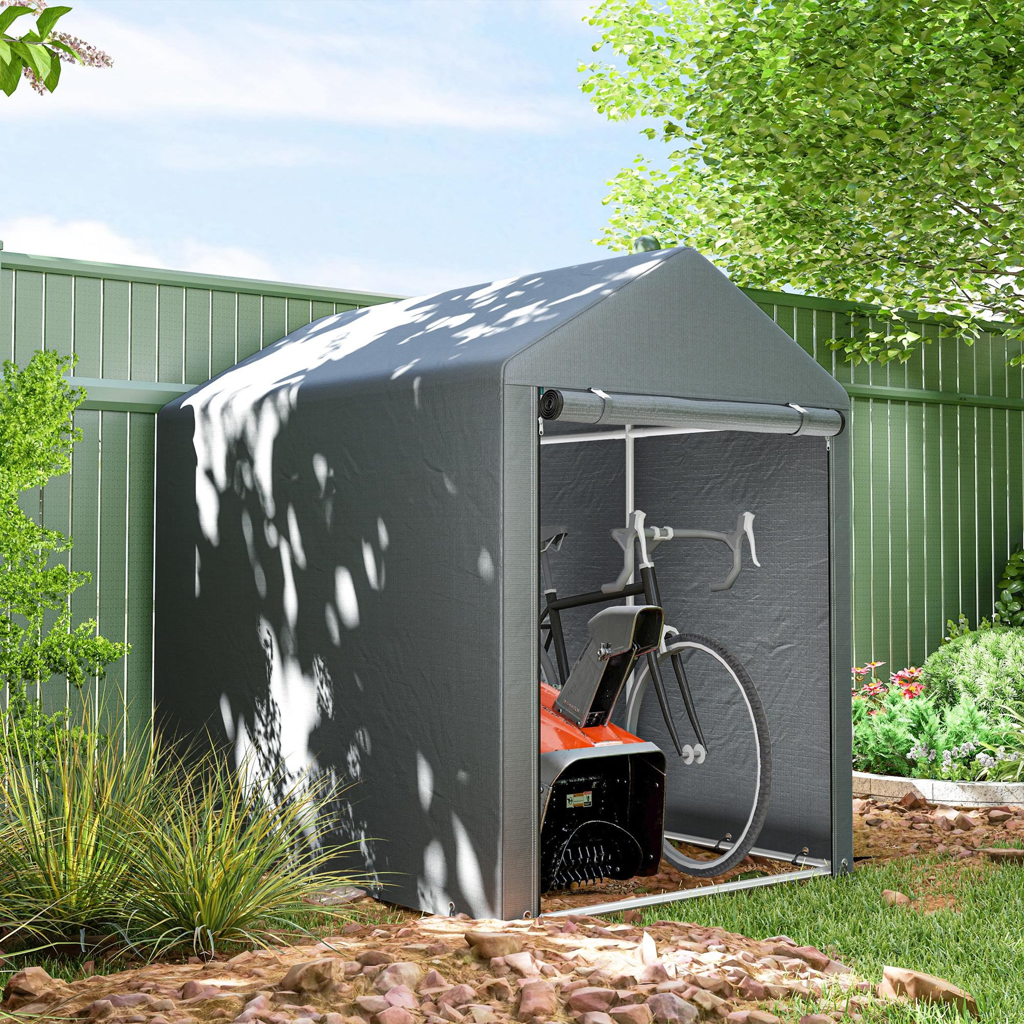 Voir la diapositive 2 : OUTSUNNY Abri de jardin tente de stockage portable abri de vélo garage pour extérieur avec cadre en métal galvanisé et grande porte, 1,2 x 1,8 m gris foncé