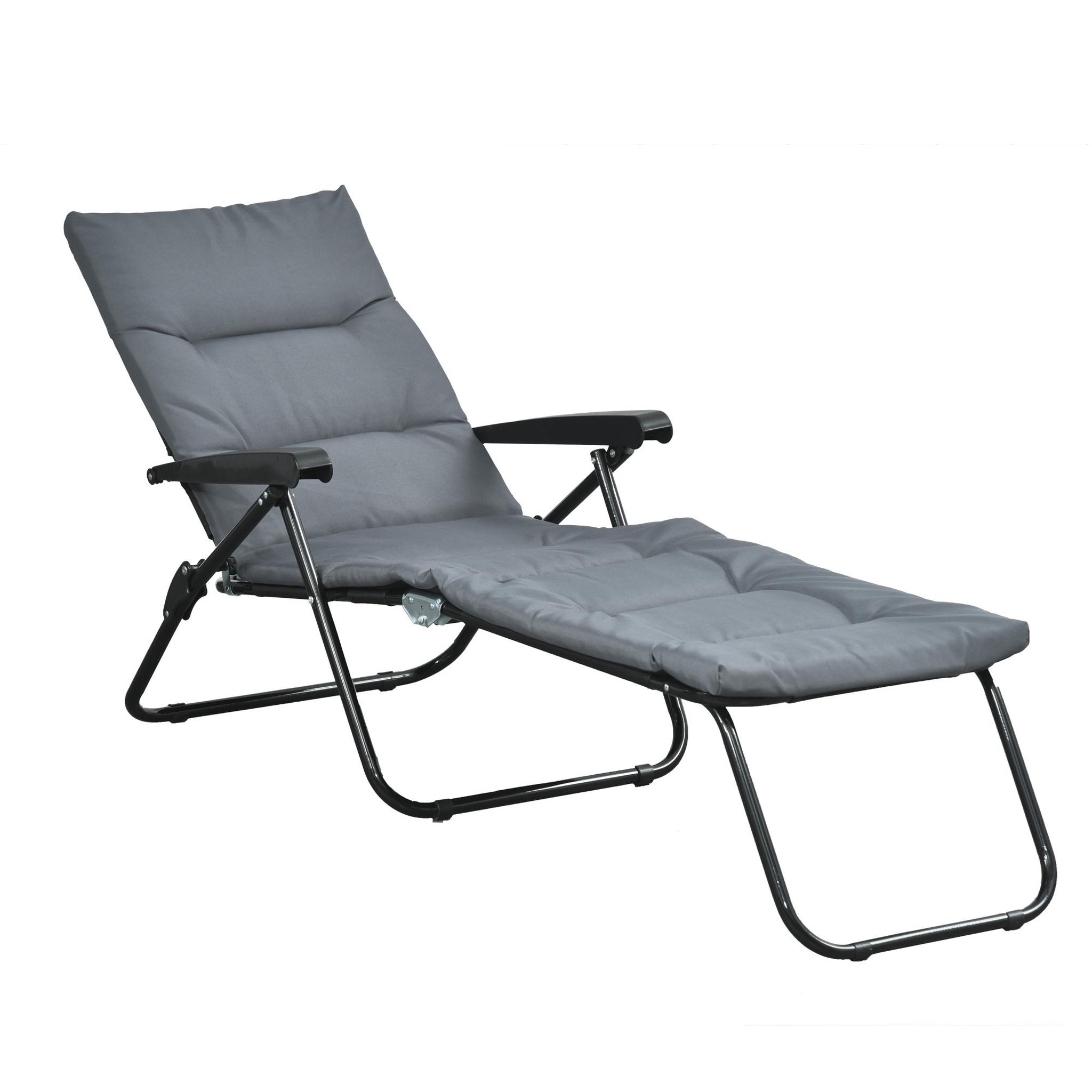 OUTSUNNY Bain de soleil pliable transat inclinable 6 positions grand confort avec matelas + accoudoirs acier polyester gris