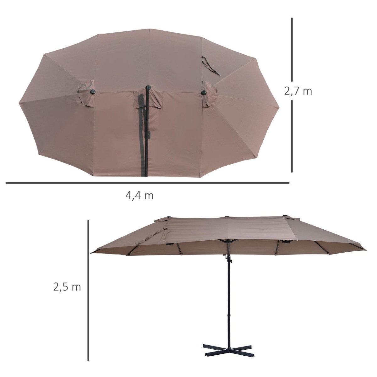OUTSUNNY Parasol déporté grande taille XXL inclinable dim. 4,4L x 2,7l x 2,5H m piètement en acier inclus polyester marron