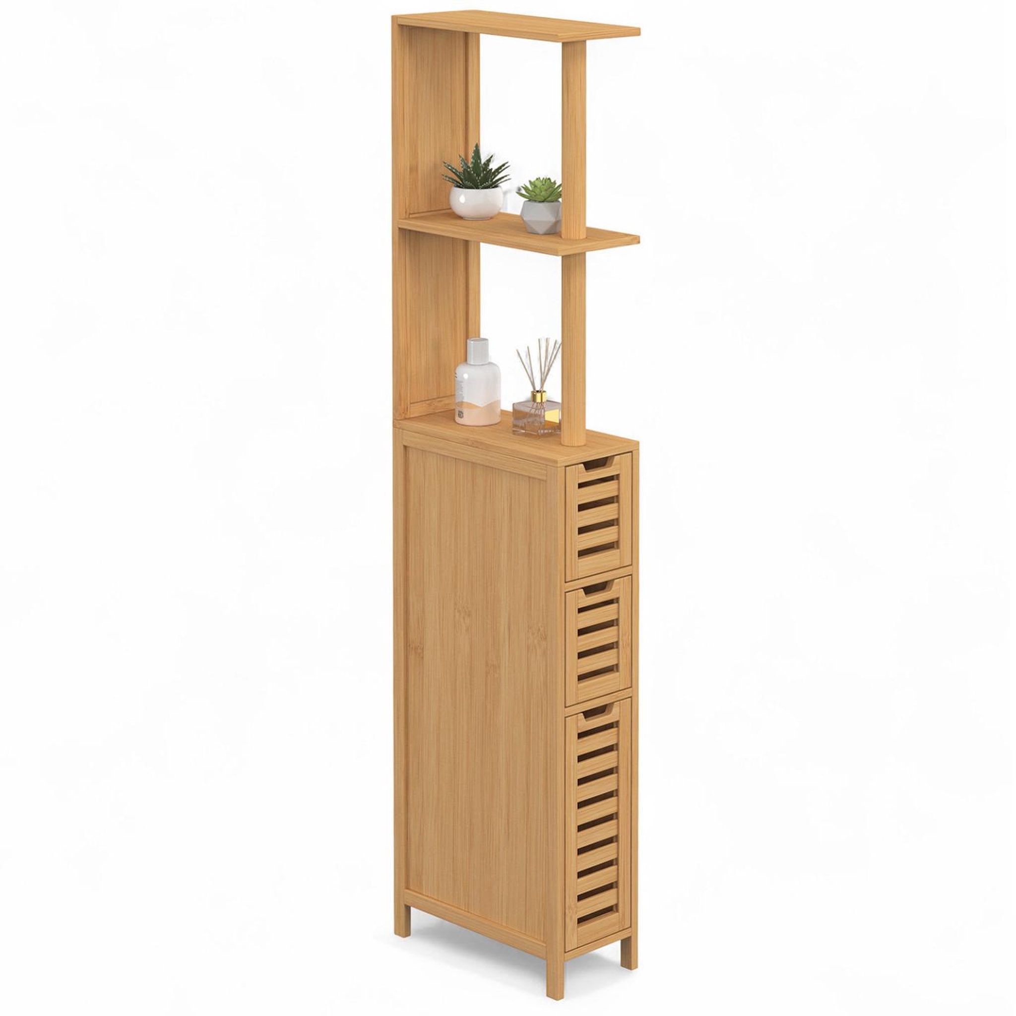 ID MARKET Meuble wc 1 porte 2 tiroirs bambou bea avec étagères