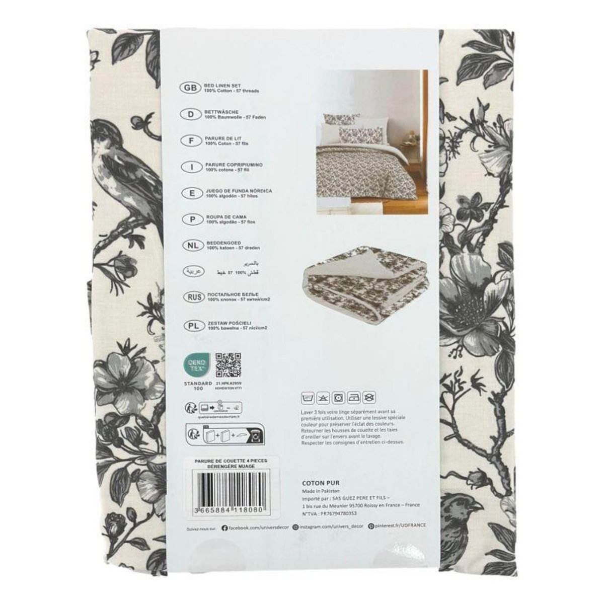 COTON PUR Pack complet housse de couette réversible pour lit 90 x 190 cm Bérengère nuage