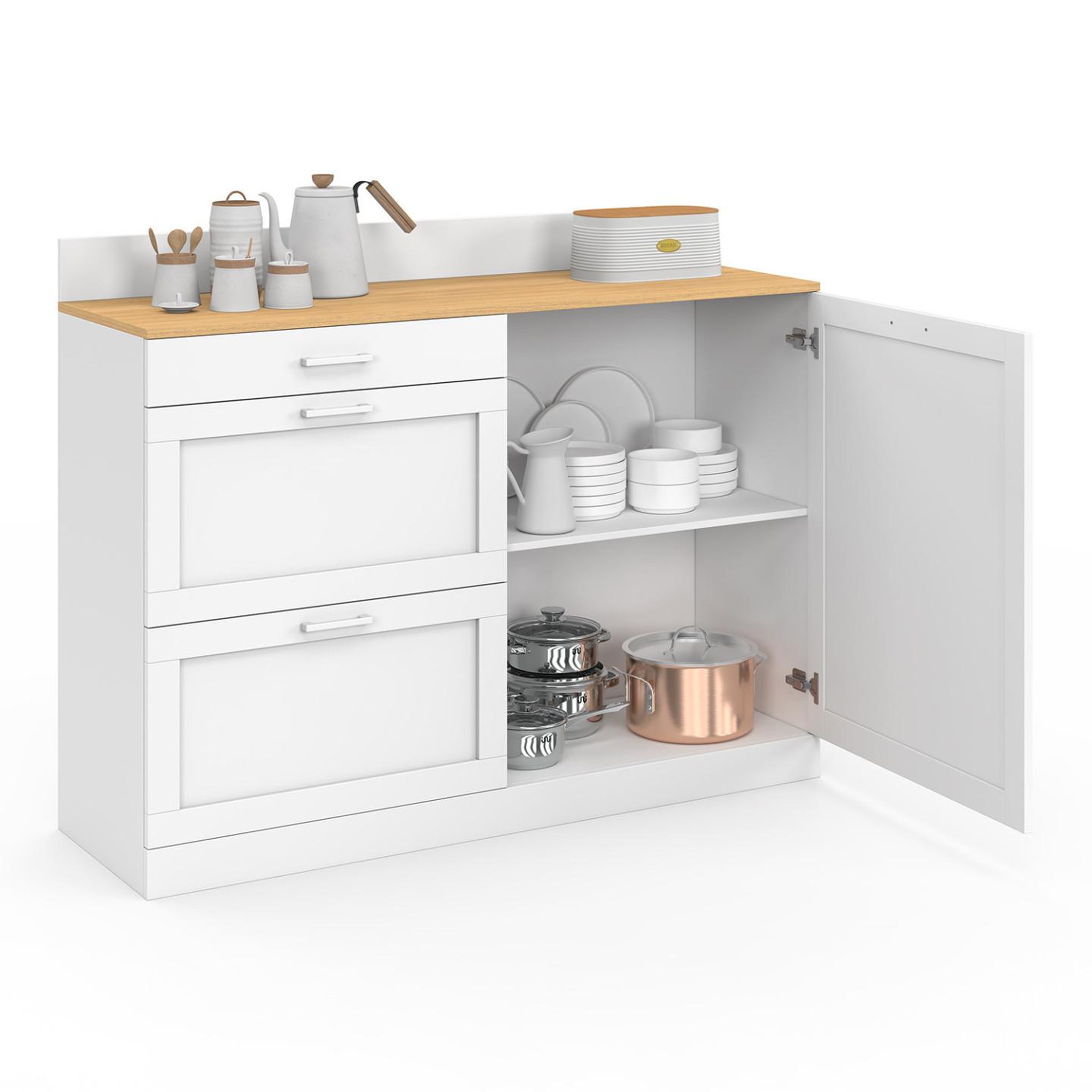 Voir la diapositive 4 : ID MARKET Buffet bas de cuisine 120 cm casserolier vito plan de travail h.83 cm 1 porte + 3 tiroirs blanc et plateau façon hêtre