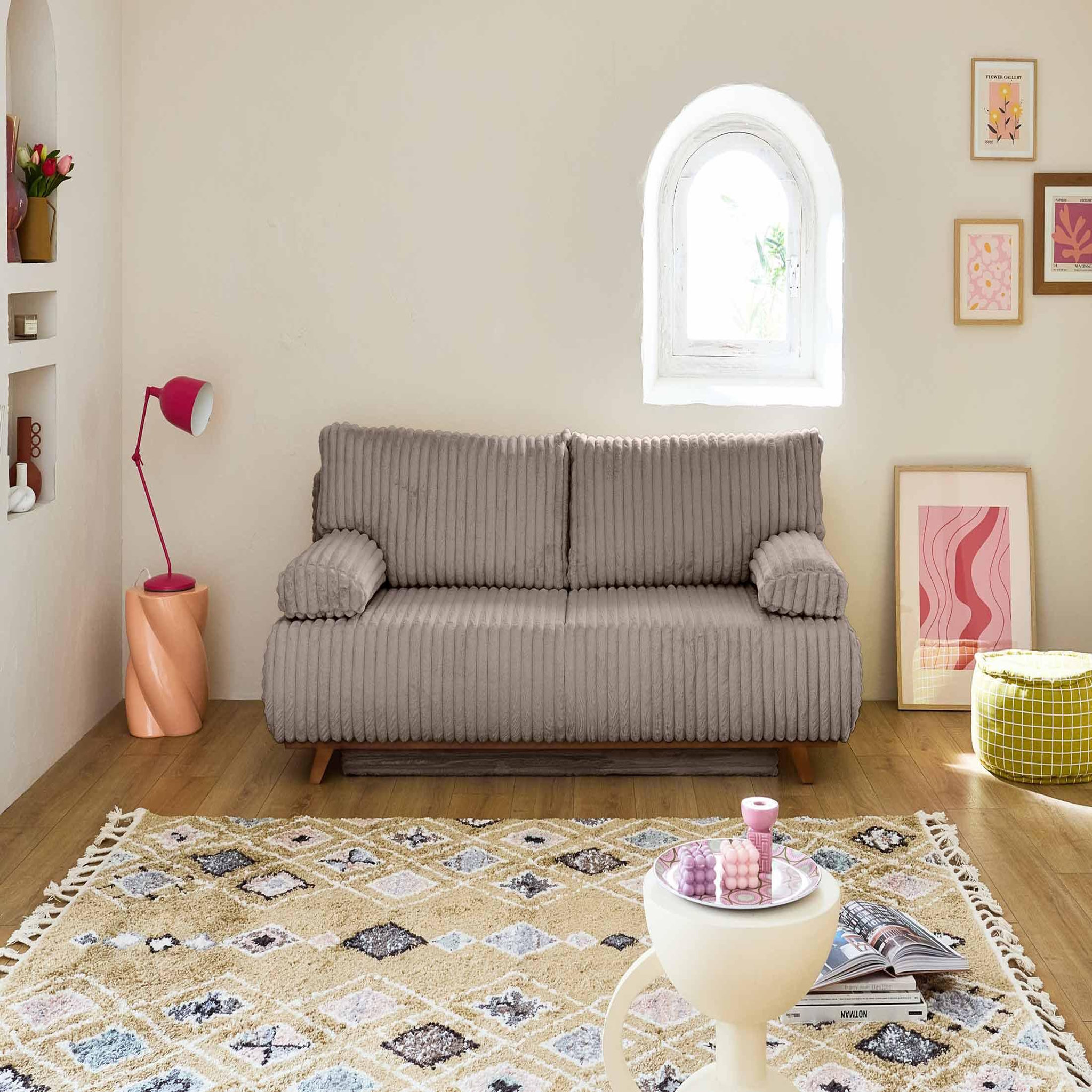 Voir la diapositive 2 : BEST MOBILIER Cristal - canapé 3 places - convertible avec coffre et grand pouf - en fausse fourrure côtelée