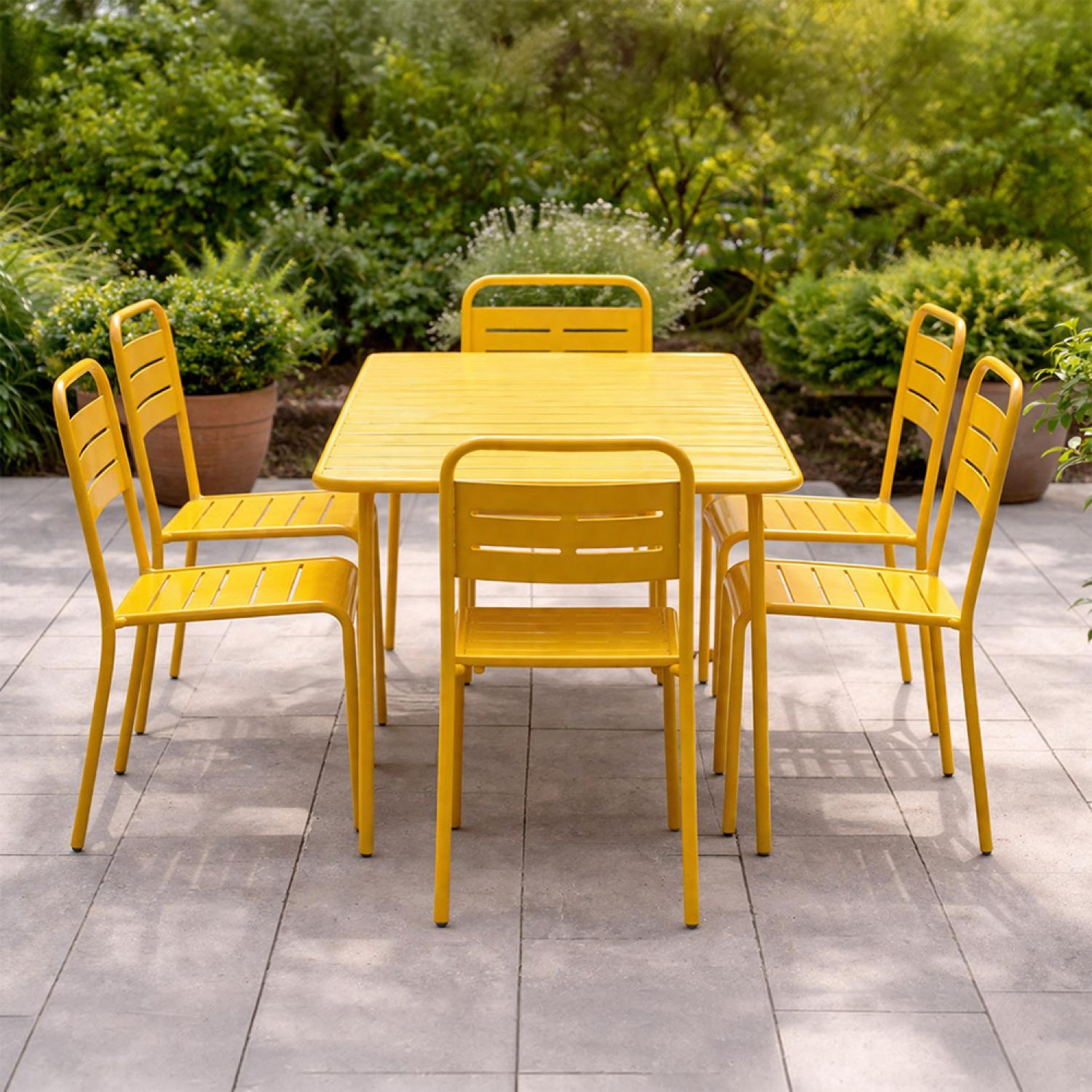 Voir la diapositive 5 : CONCEPT USINE Ensemble table de jardin 160 cm et 6 chaises jaune BERGAME