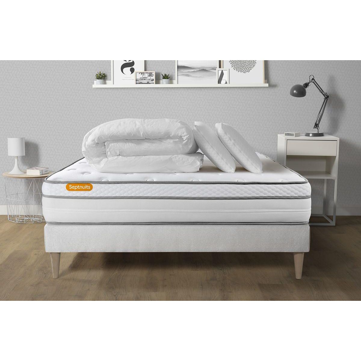 SEPTNUITS Pack matelas + sommier kit blanc Memo Luxe Ressorts ensachés + mémoire de forme + Couette + 2 oreillers