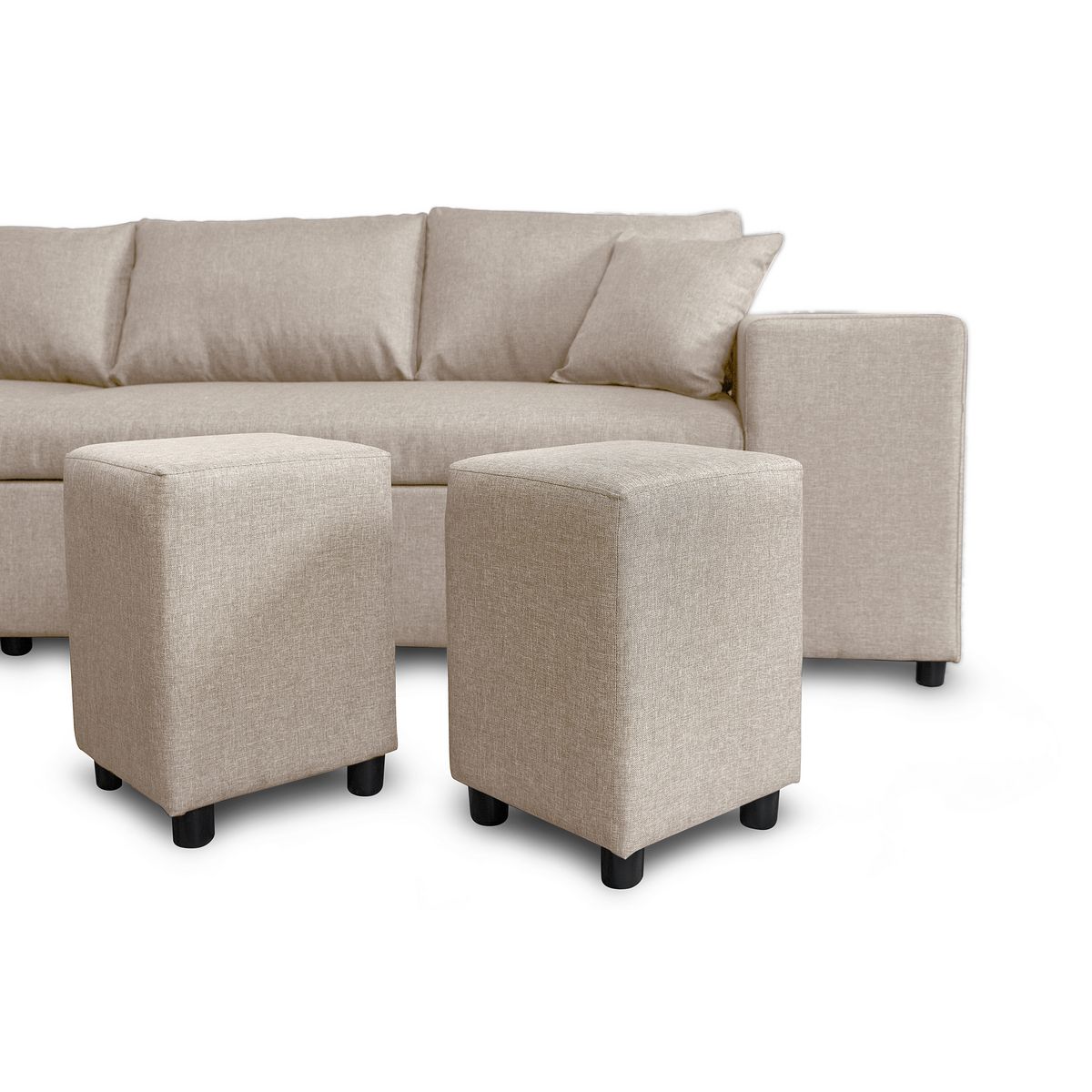 Canapé d'angle réversible convertible avec coffre + 2 poufs avec niche fixe à droite ANETTA