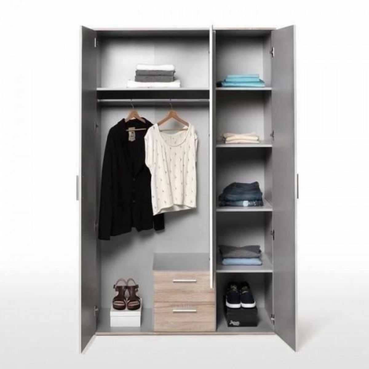 MARKET24 Armoire battante - Panneaux de particules - Blanc et chene - 3 portes et 2 tiroirs + miroir - L 121 x P 54 x H 200,1 cm - SELKEA