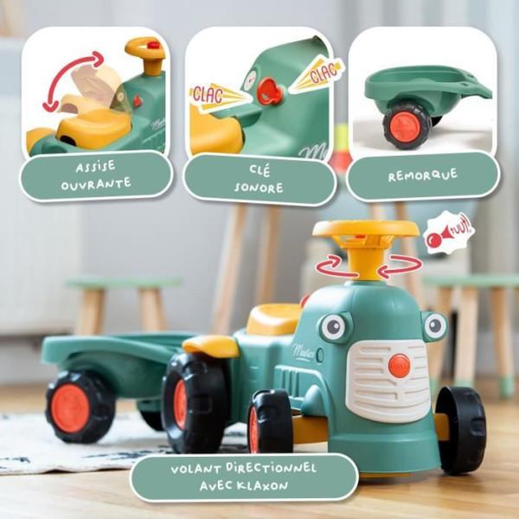Voir la diapositive 3 : FALK Porteur Trotteur  tracteur Maurice - FALK - Volant directionnel et remorque - 100% Fabriqué en France - 90% de plastique recyclé - Des 1