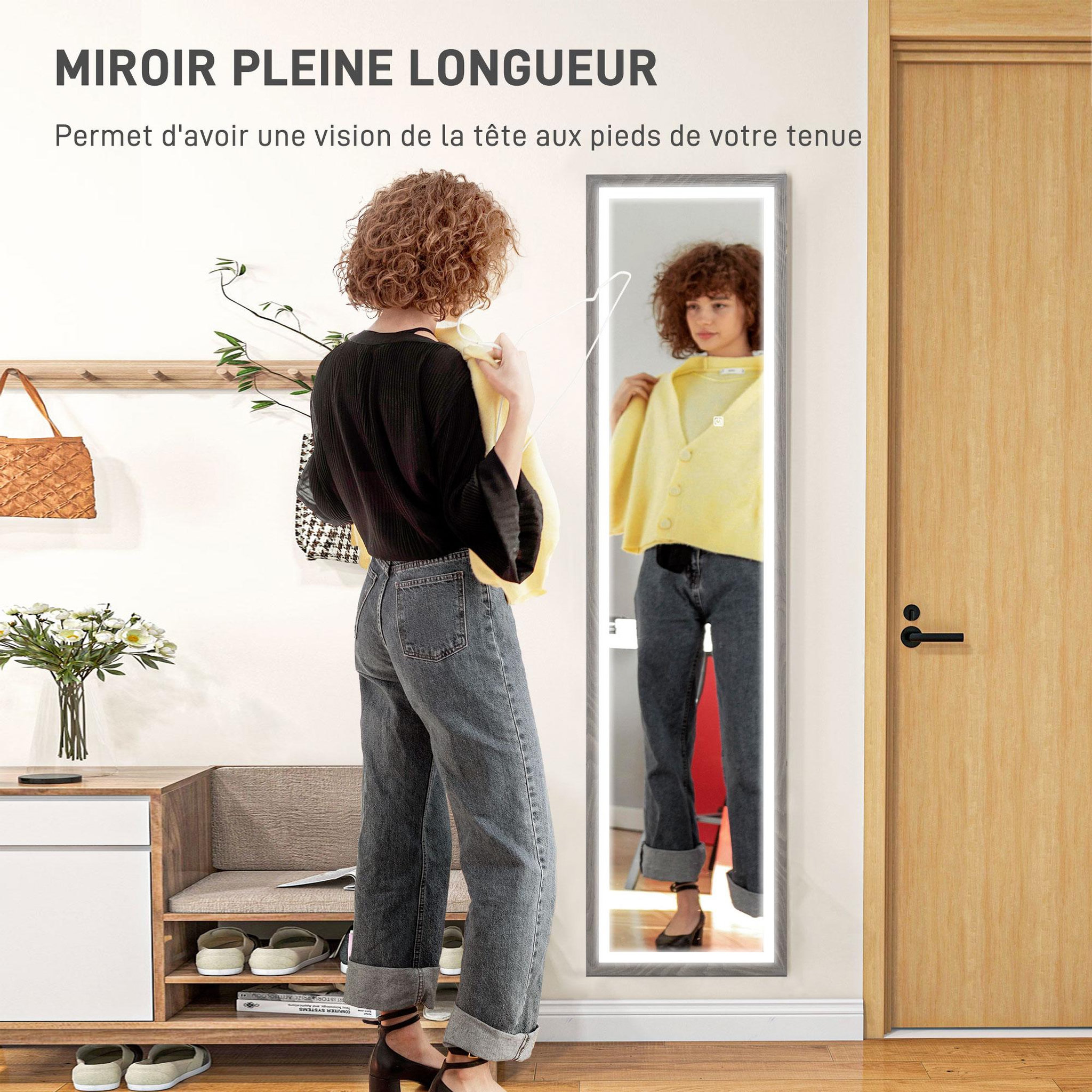 Voir la diapositive 5 : HOMCOM Grand miroir led pleine longueur 40 x 160 cm autoportant ou à fixer - 3 couleurs luminosité réglable - effet bois gris