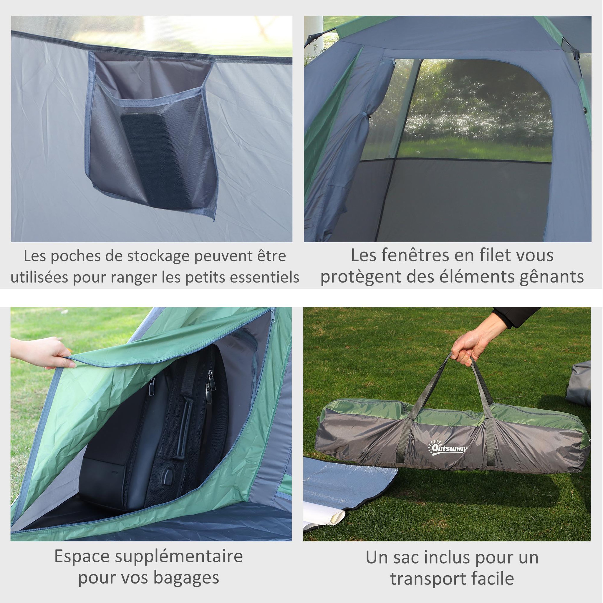 Voir la diapositive 6 : OUTSUNNY Tente pop up montage instantané - tente de camping familiale 3 pers.  - grande porte + 3 fenêtres - dim. 2,5L x 1,94l x 1,6H m fibre verre polyester oxford bleu vert