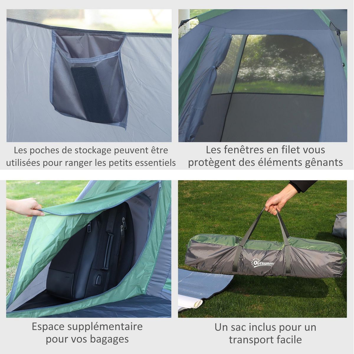OUTSUNNY Tente pop up montage instantané - tente de camping familiale 3 pers.  - grande porte + 3 fenêtres - dim. 2,5L x 1,94l x 1,6H m fibre verre polyester oxford bleu vert