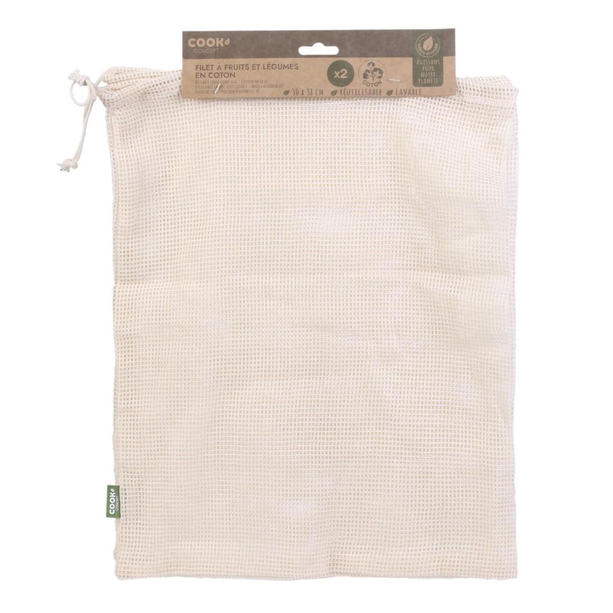 Voir la diapositive 2 : COOK CONCEPT Lot de 2 sacs coton  fruits légumes  38cm blanc