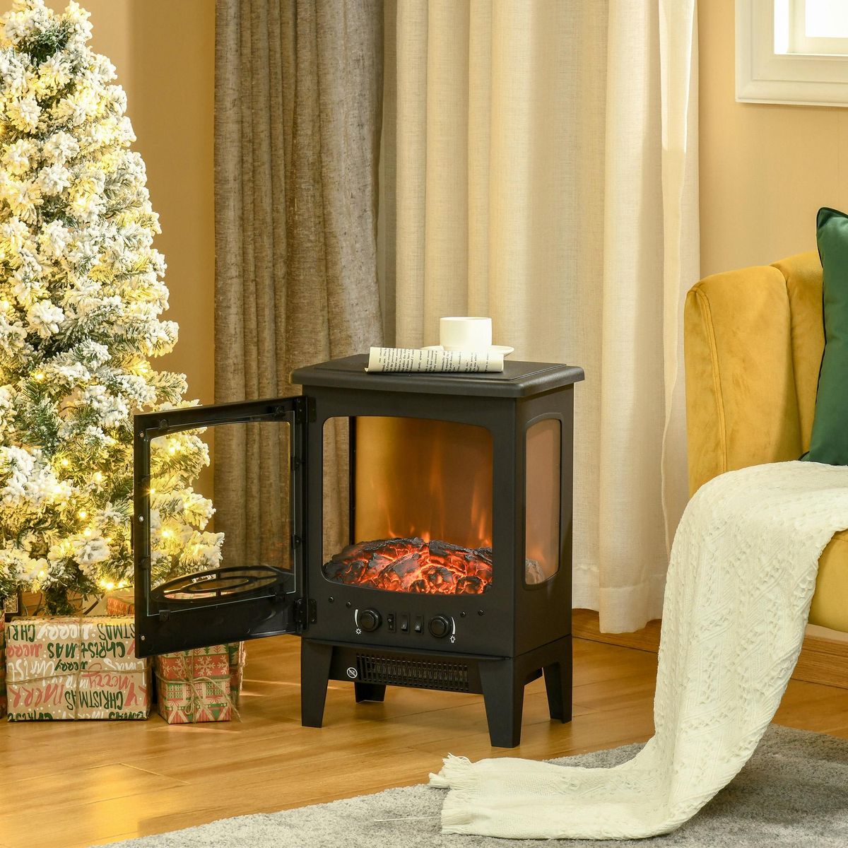 HOMCOM Cheminée électrique poêle style néo-rétro 1000-2000 W simulation flammes LED luminosité réglable acier ABS noir