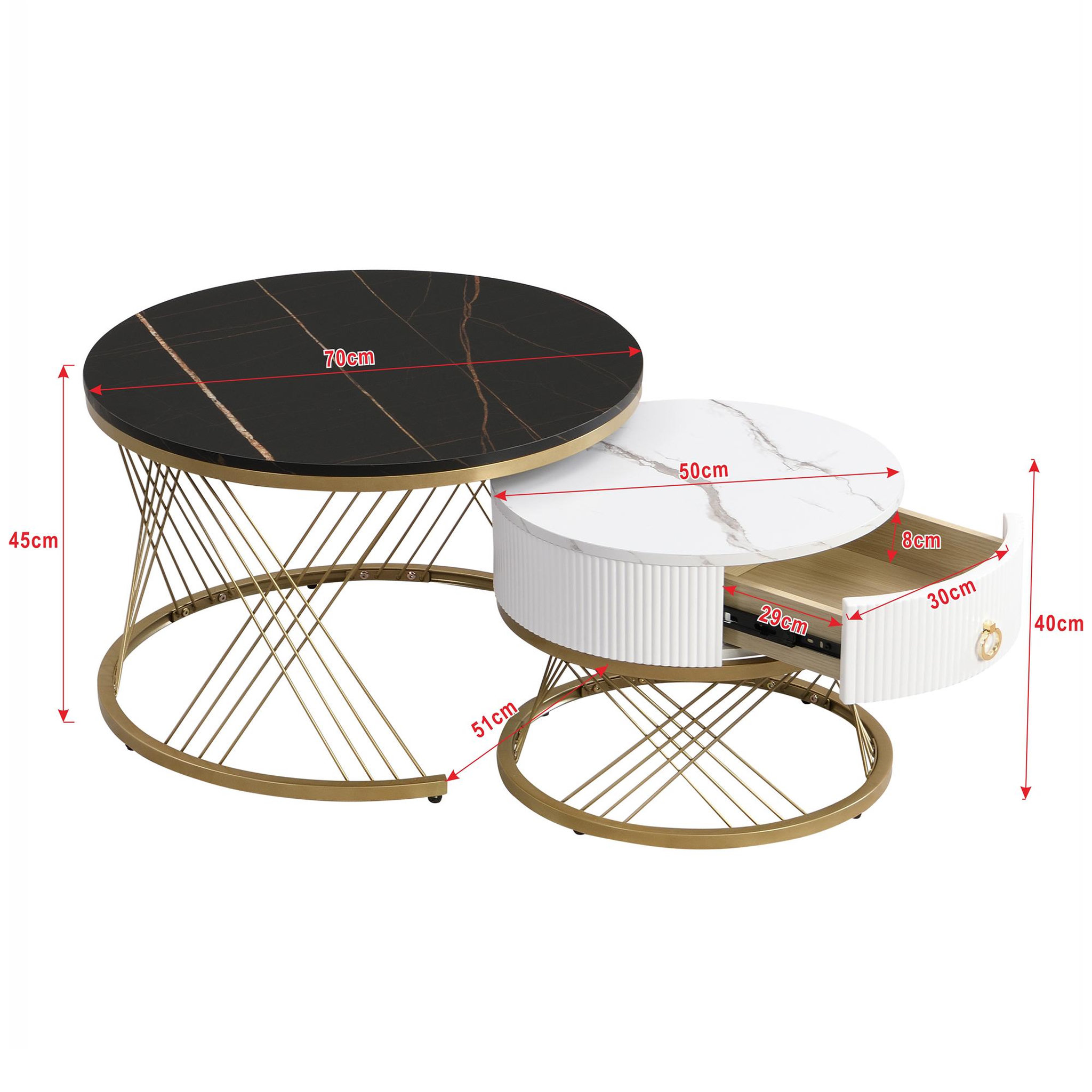 Voir la diapositive 4 : MERAX Lot De 2 Tables Basses Gigognes Rondes 50/70cm Avec 1 Tiroir