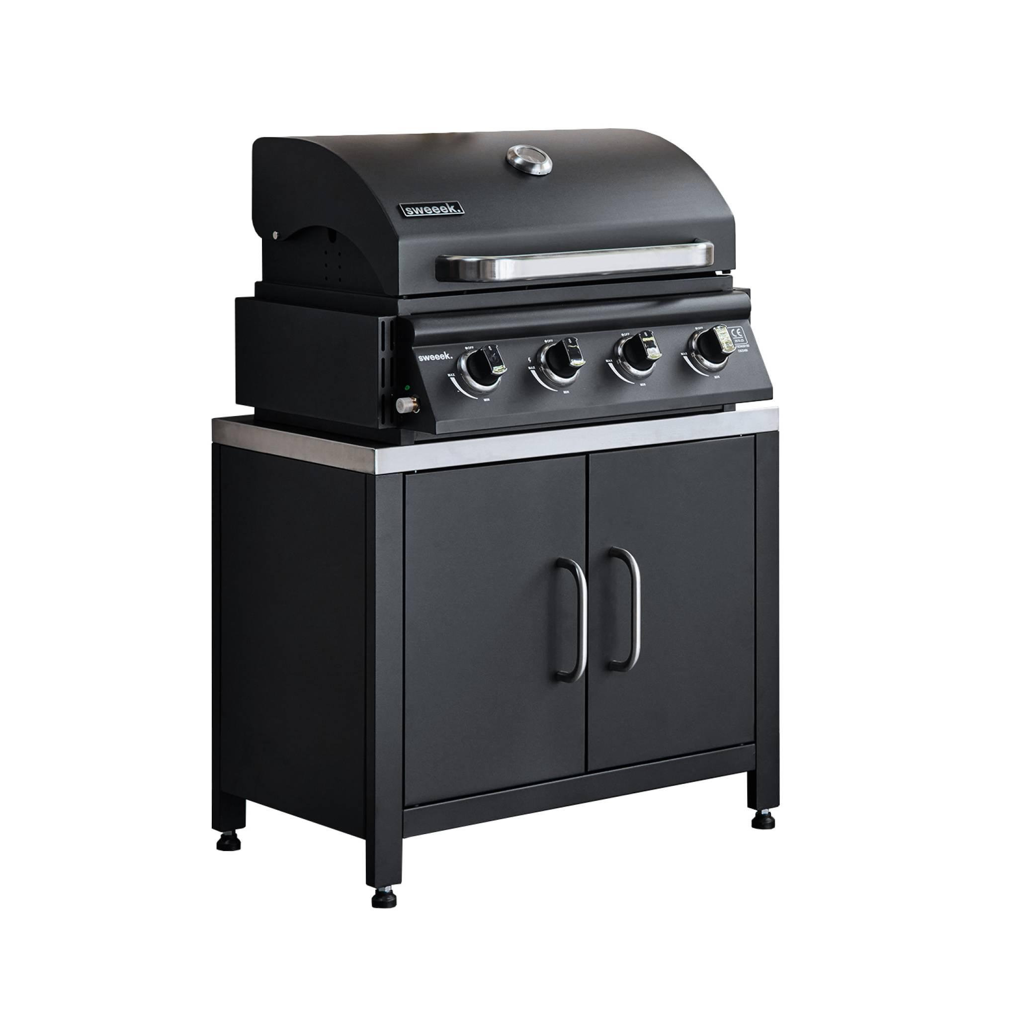 Voir la diapositive 1 : SWEEEK Barbecue à gaz avec 4 brûleurs à poser avec récupérateur de graisse + Meuble de cuisine extérieure en acier L80cm
