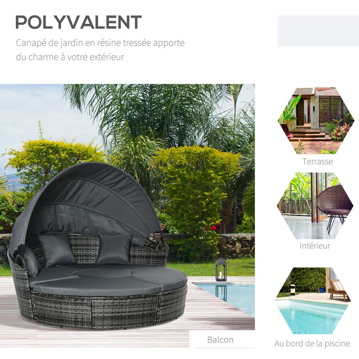 OUTSUNNY Lit canapé de jardin modulable grand confort pare-soleil pliable 5 coussins 3 oreillers 180L x 175l x 147H cm résine tressée polyester gris