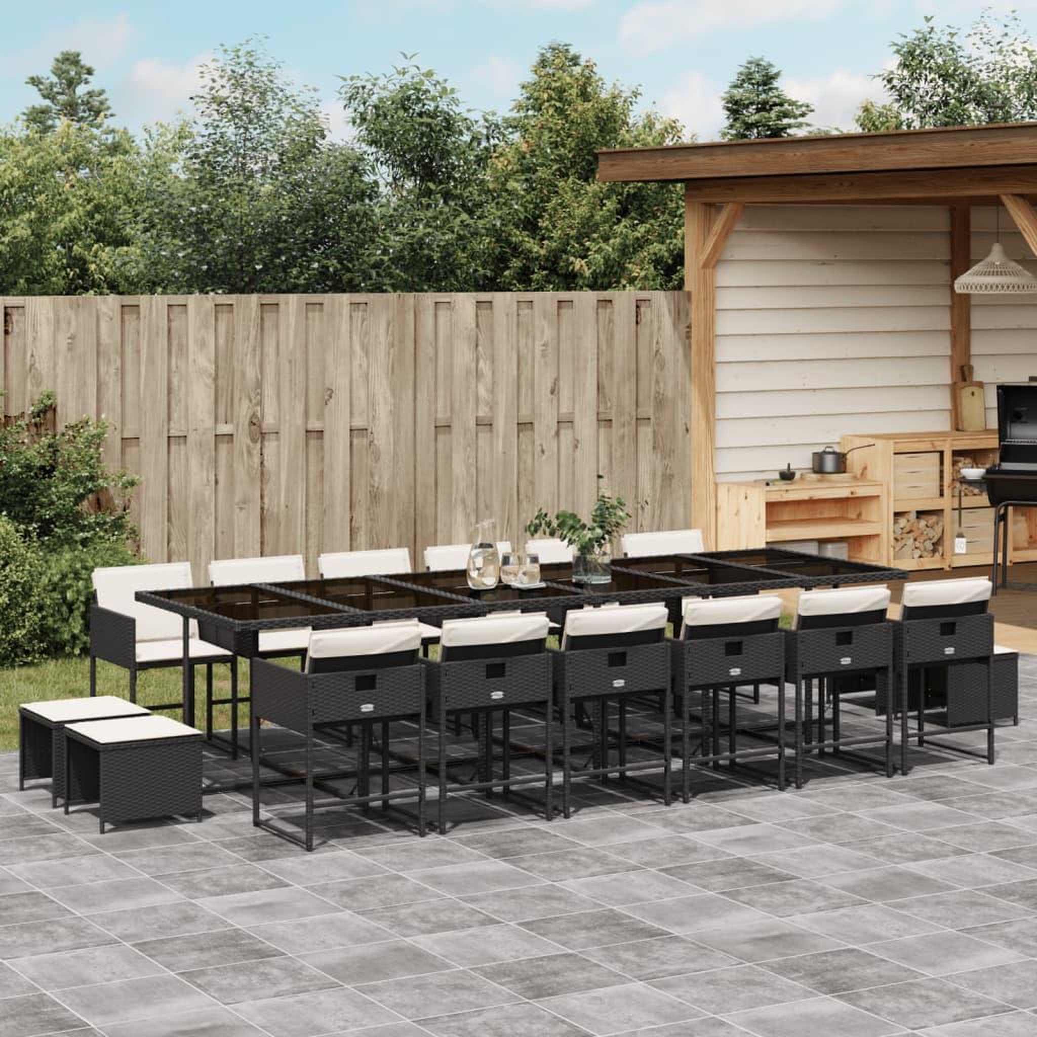 VIDAXL Ensemble a manger de jardin 17 pcs coussins noir resine tressee