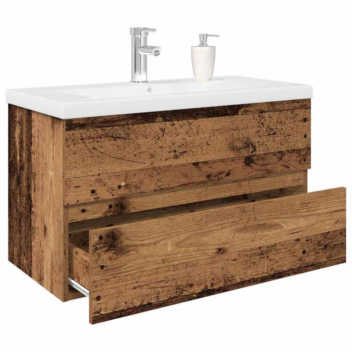 VIDAXL Meuble lavabo avec bassin et robinet integres vieux bois