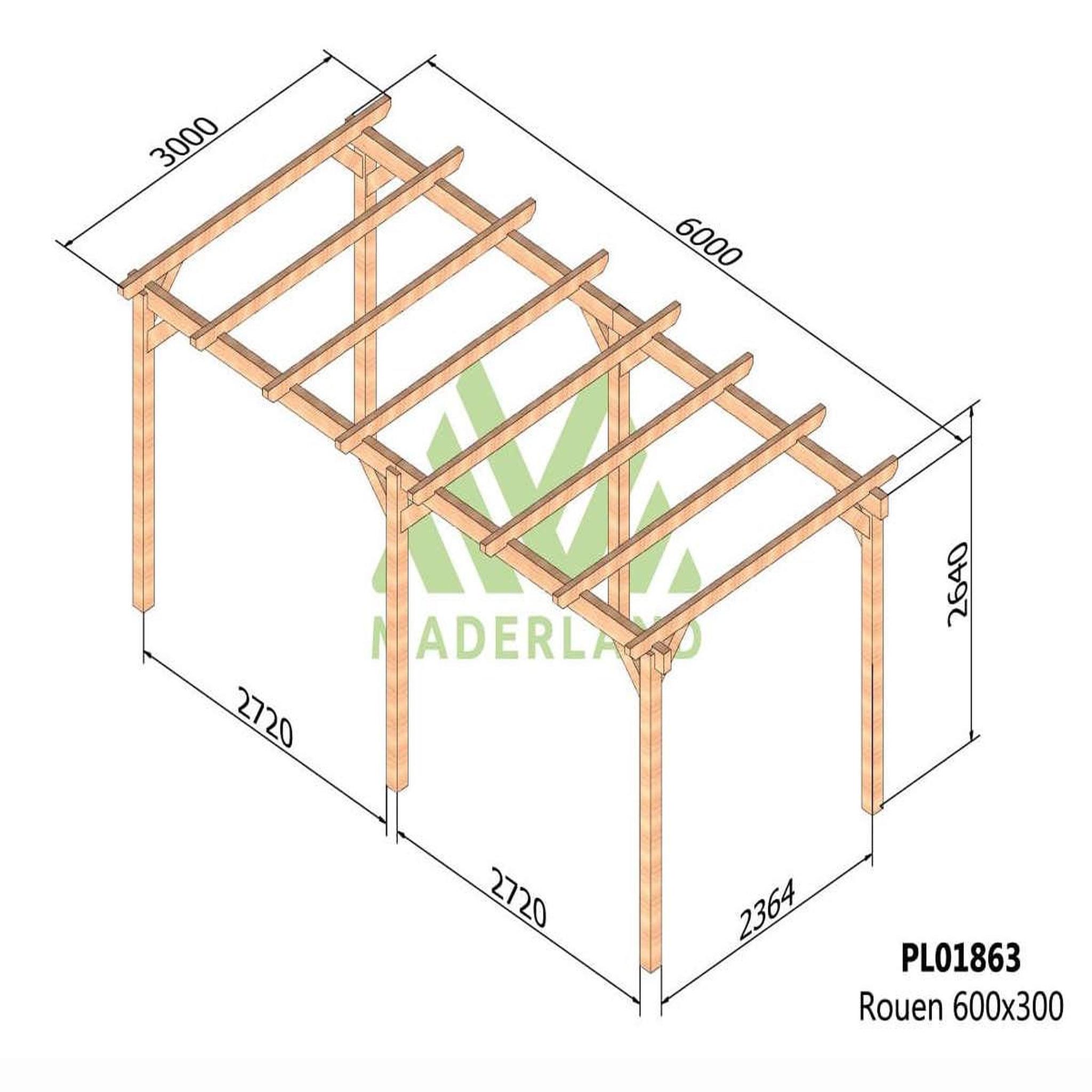 Voir la diapositive 2 : JARDIDECO Carport en bois lamellé-collé rouen 600 x 300 cm - maderland