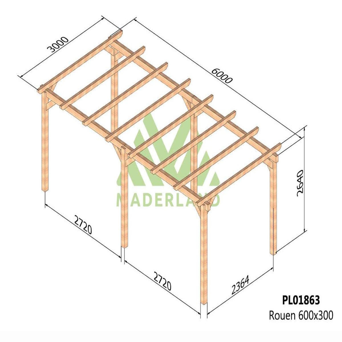 JARDIDECO Carport en bois lamellé-collé Rouen 600 x 300 cm - Maderland
