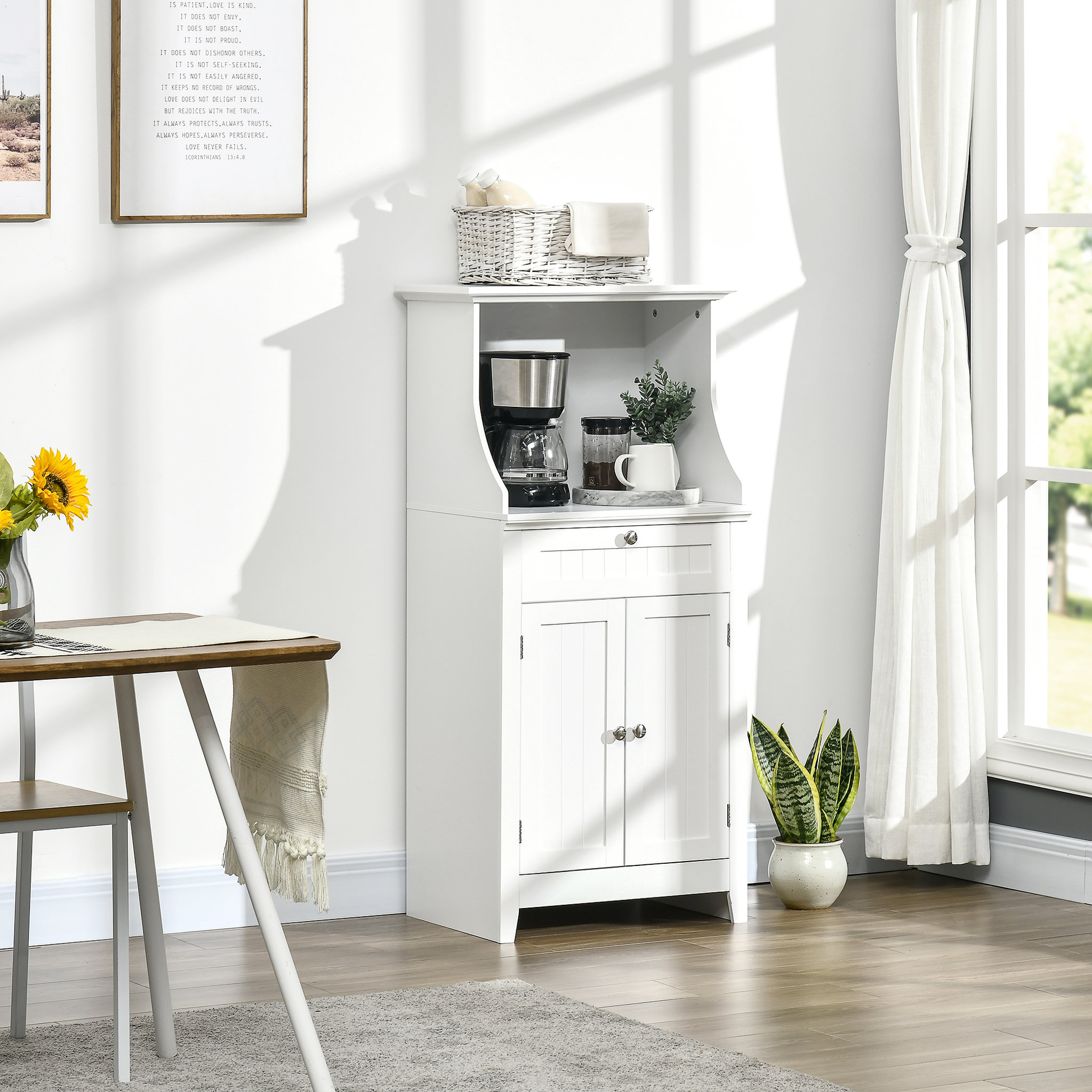 Voir la diapositive 2 : HOMCOM Meuble micro-ondes pour cuisine - tiroir, 2 portes, niche - dim. 60L x 40l x 122,5H cm - MDF blanc