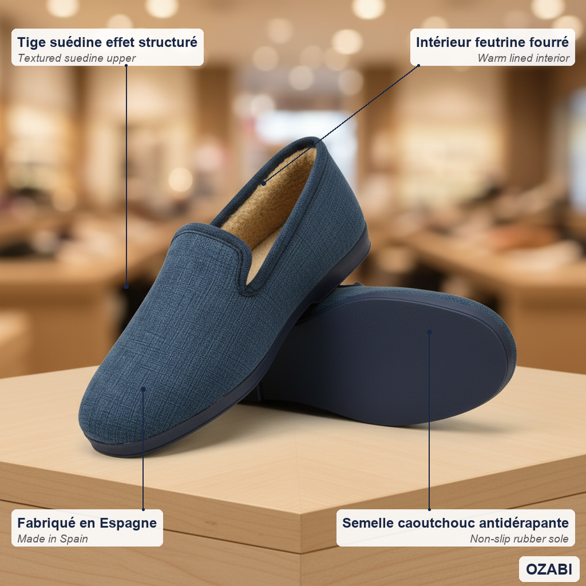 Voir la diapositive 5 : OZABI Ozabi pantoufles charentaises homme fabriquées en espagne, effet structuré