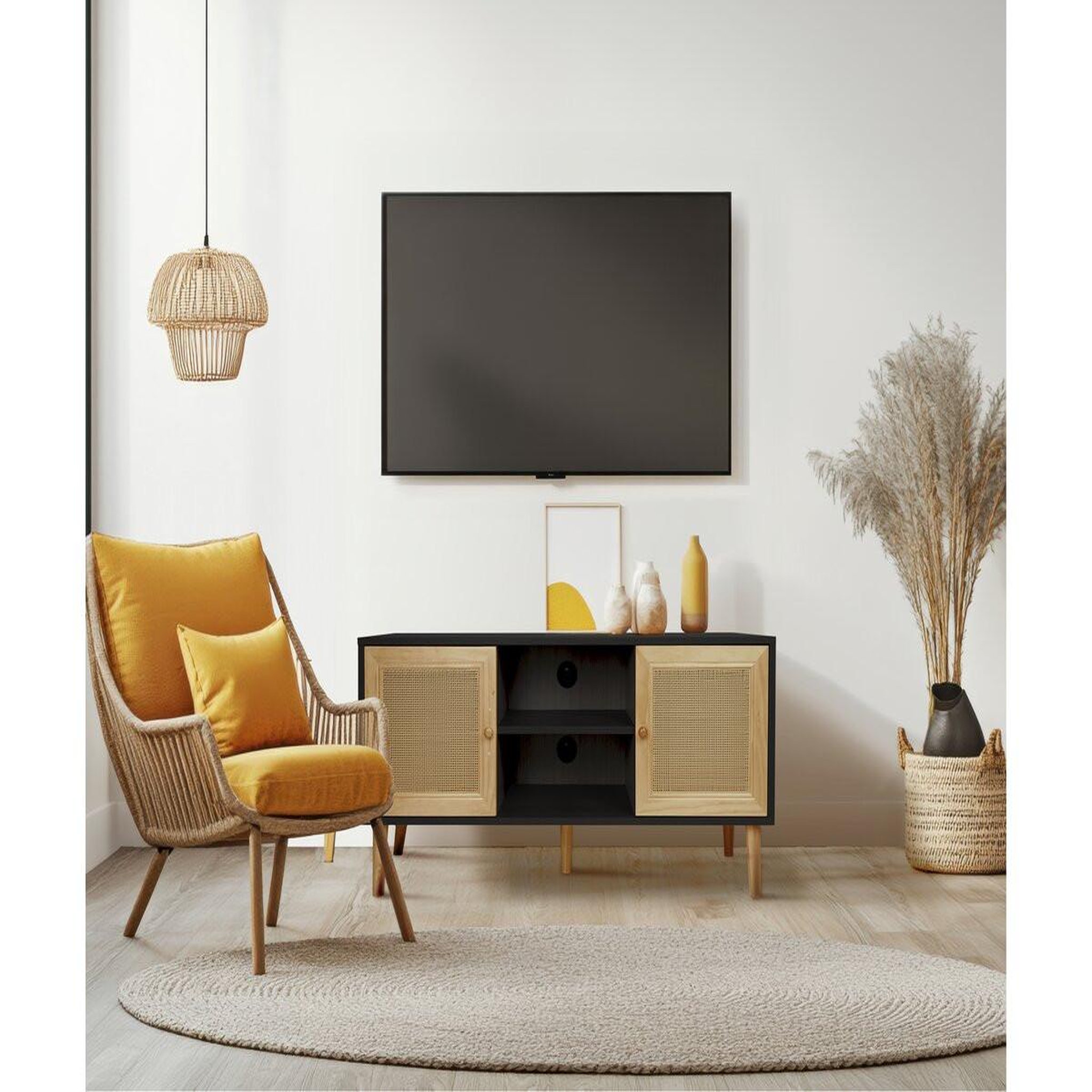 Voir la diapositive 2 : Habitat et Jardin Meuble tv scandinave en cannage  iguane  - 120 x 30 x 56.5 cm - noir