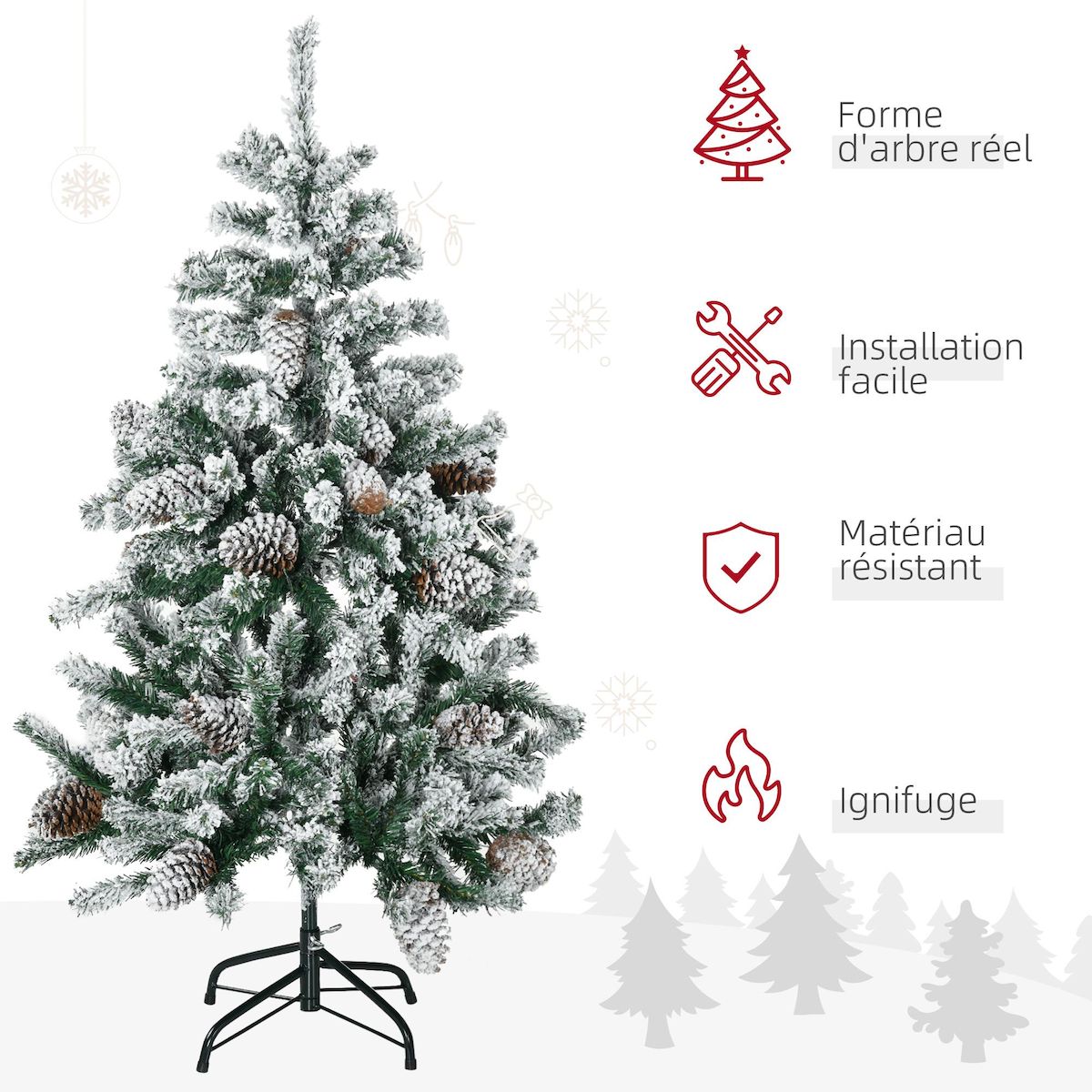 HOMCOM Sapin de Noël artificiel avec 28 pommes de pin arbre de Noël 269 branches enneigées support en acier socle pliable hauteur 120 cm vert