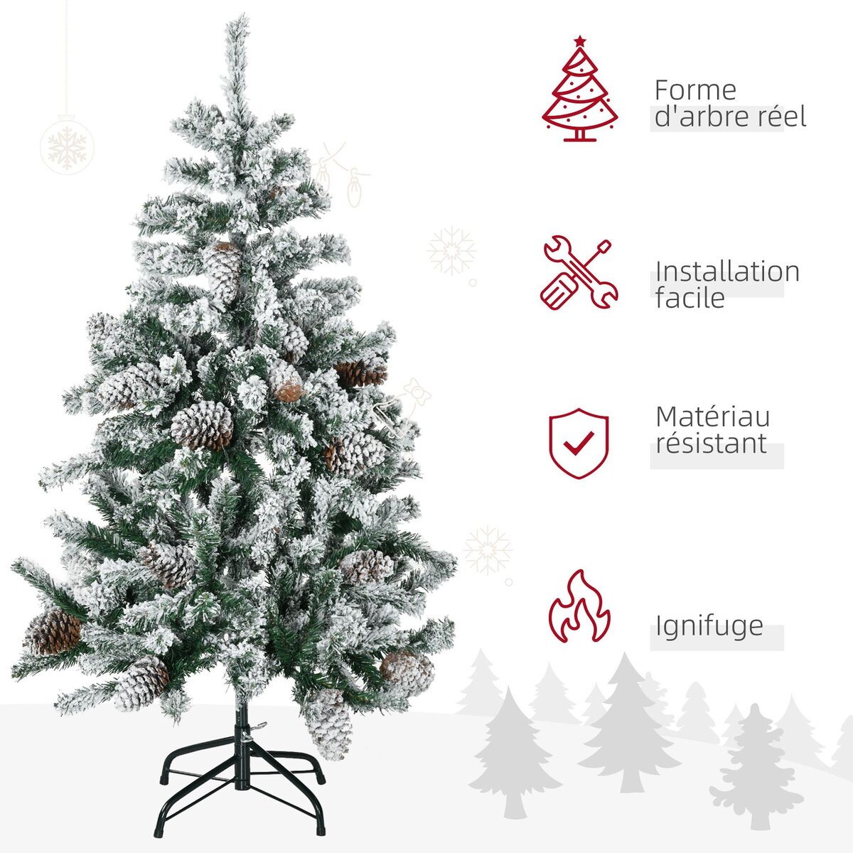 HOMCOM Sapin de Noël artificiel avec 28 pommes de pin arbre de Noël 269 branches enneigées support en acier socle pliable hauteur 120 cm vert
