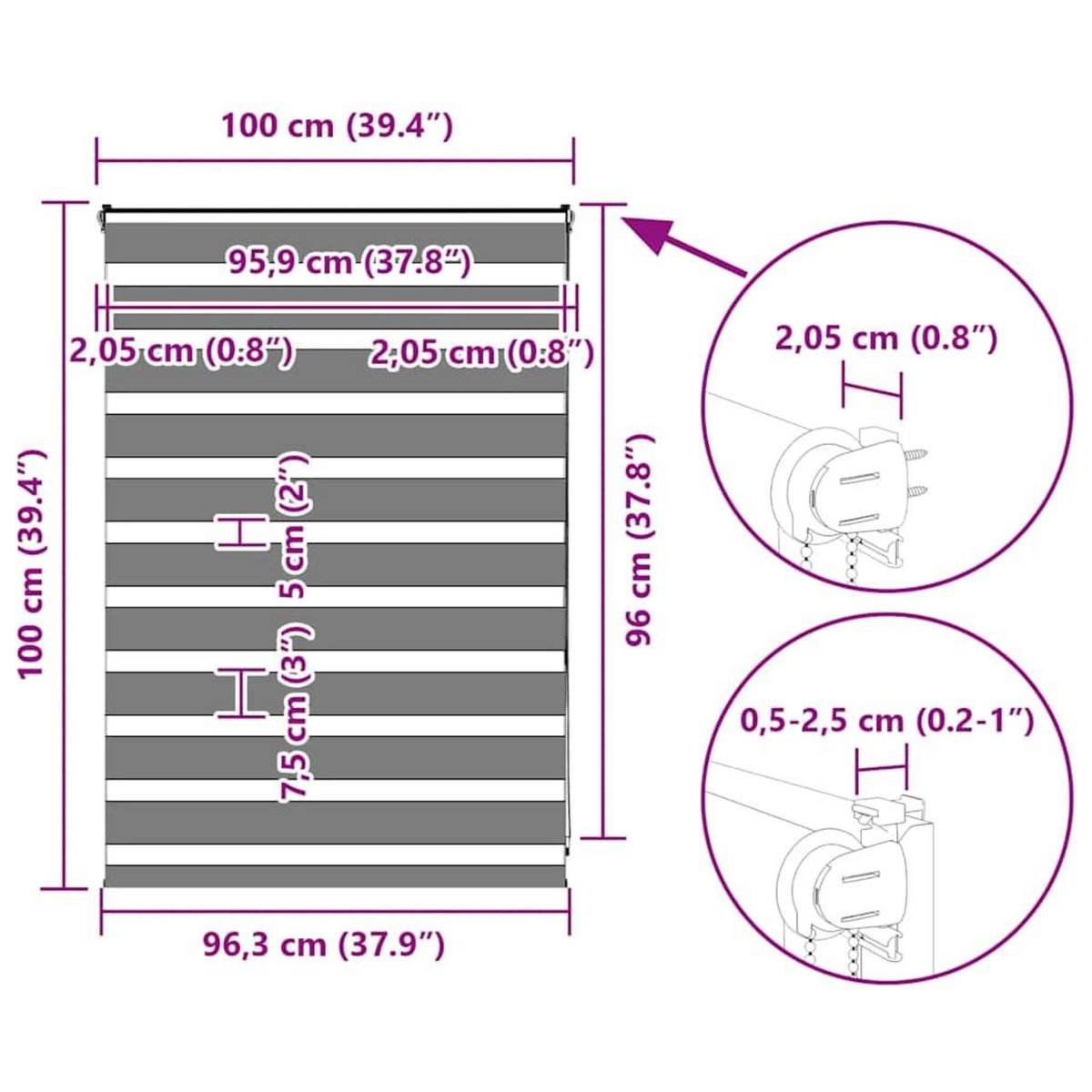 VIDAXL Store zebre gris fonce largeur du tissu 95,9 cm polyester