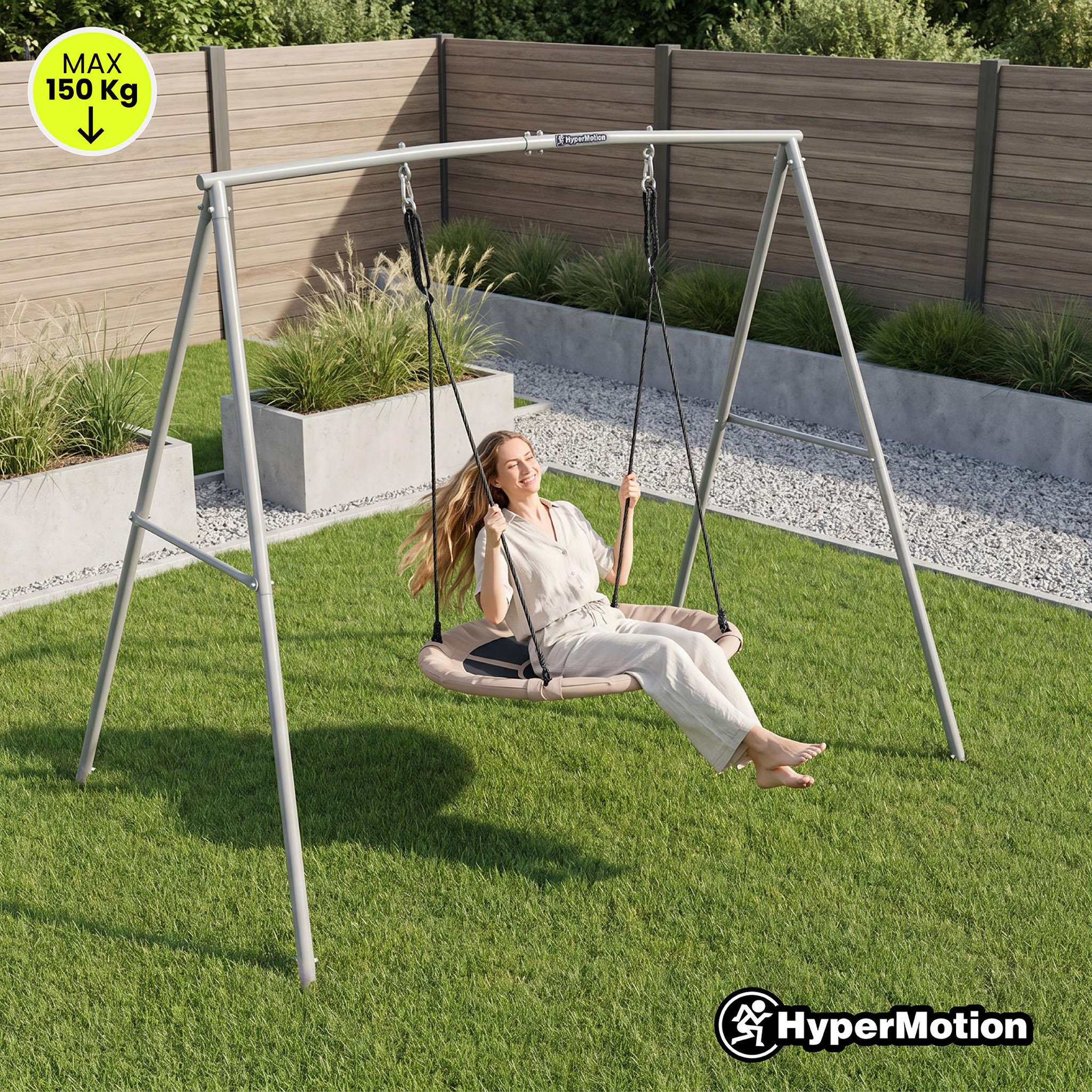 Voir la diapositive 2 : HYPERMOTION Balançoire nid de cigogne HyperMotion avec structure 100 cm gris beige