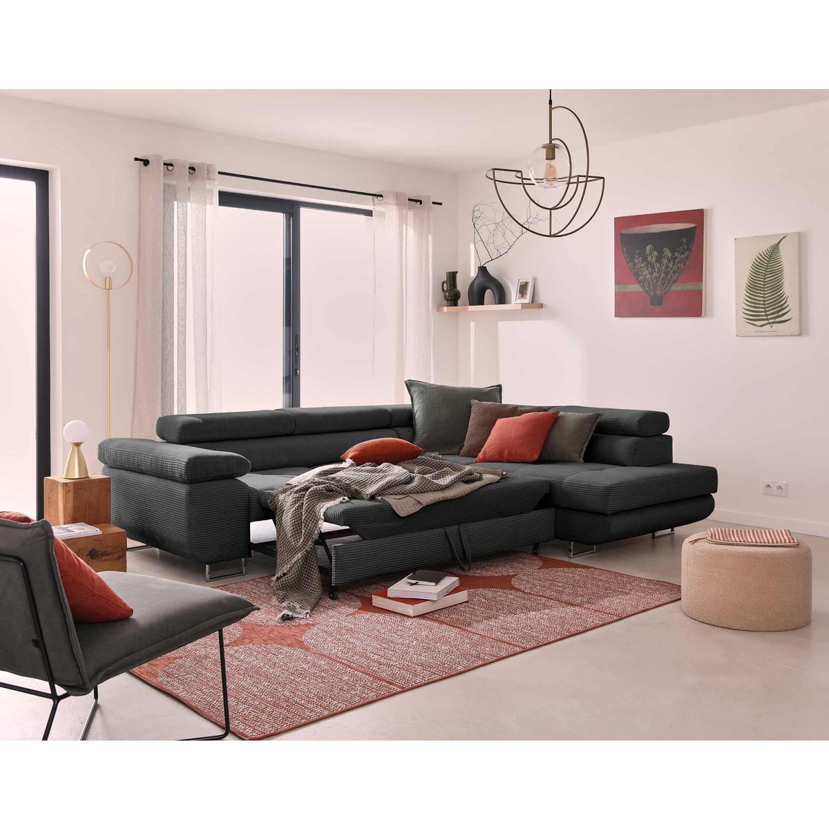 BEST MOBILIER Zaria - canapé d'angle droit - convertible avec coffre et têtières réglables - 5 places - en velours côtelé