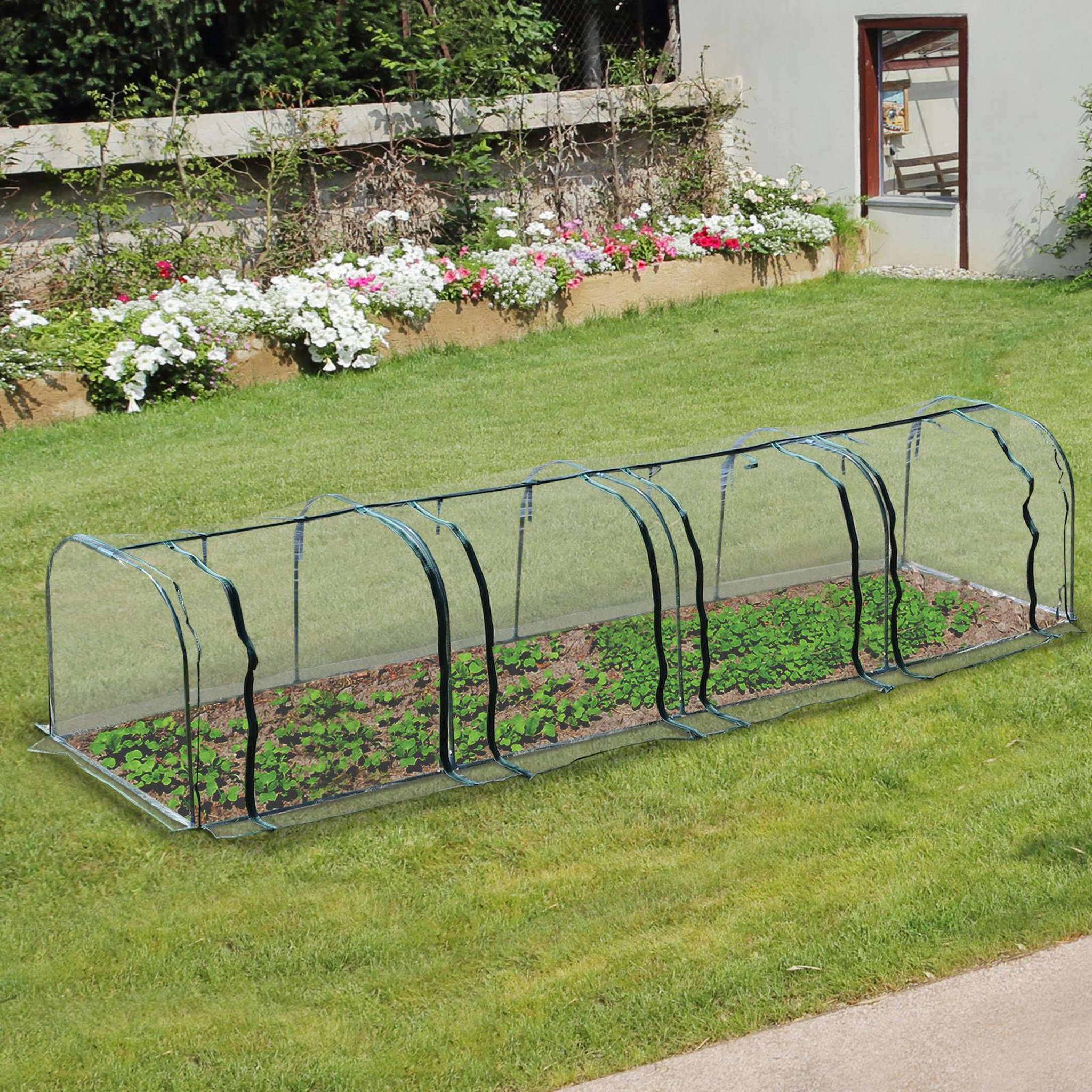 Voir la diapositive 2 : OUTSUNNY Serre de jardin tunnel 3,95L x 1l x 0,8H m 4 portes zippées bâche PVC transparent métal époxy vert