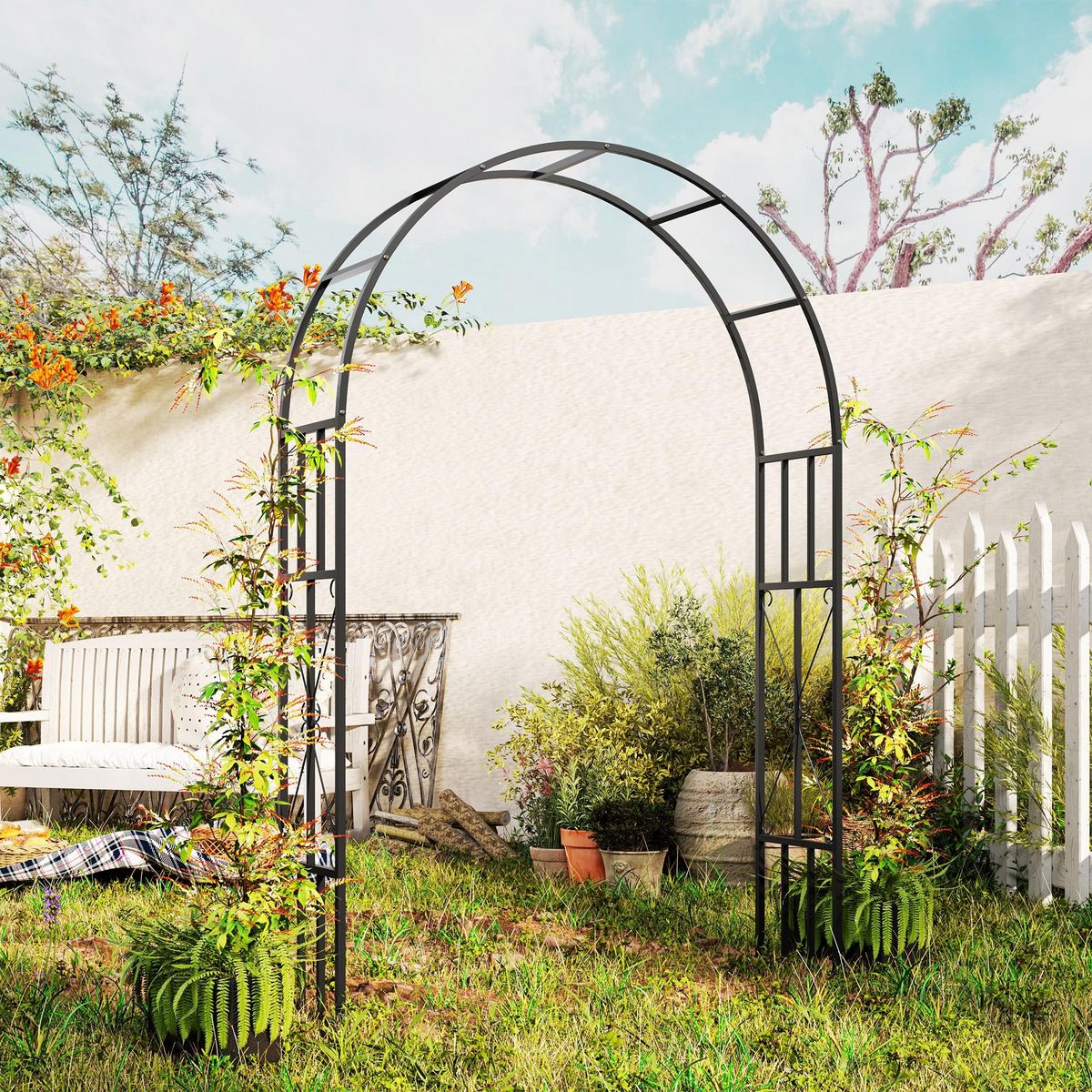 OUTSUNNY Arche de jardin arche à rosiers style fer forgé dim. 150L x 40l x 223H cm métal époxy noir
